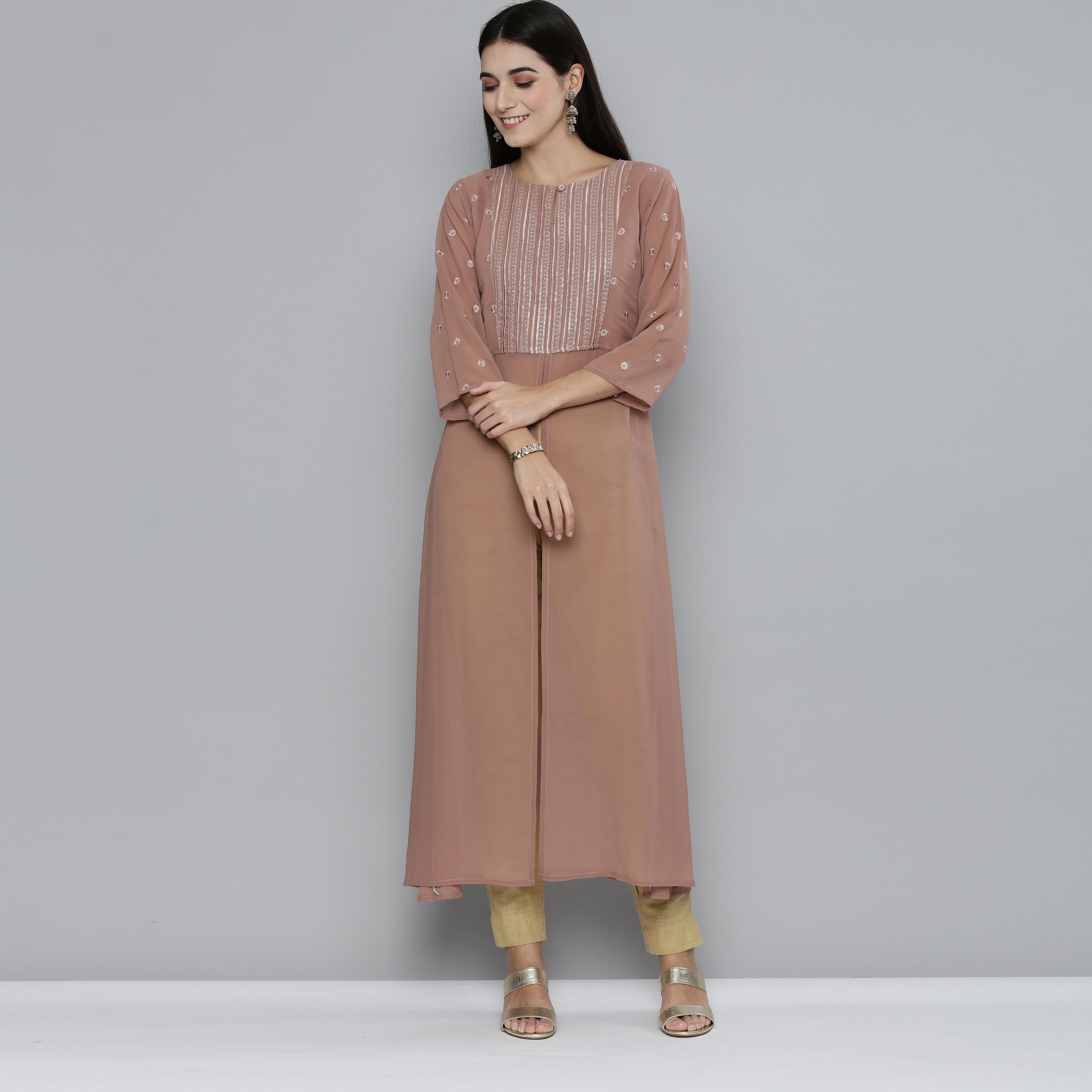 Kvsfab - Tortilla (Brown ) Festive Wear Sequins & Embroidered work Georgette Kurti - Peachmode