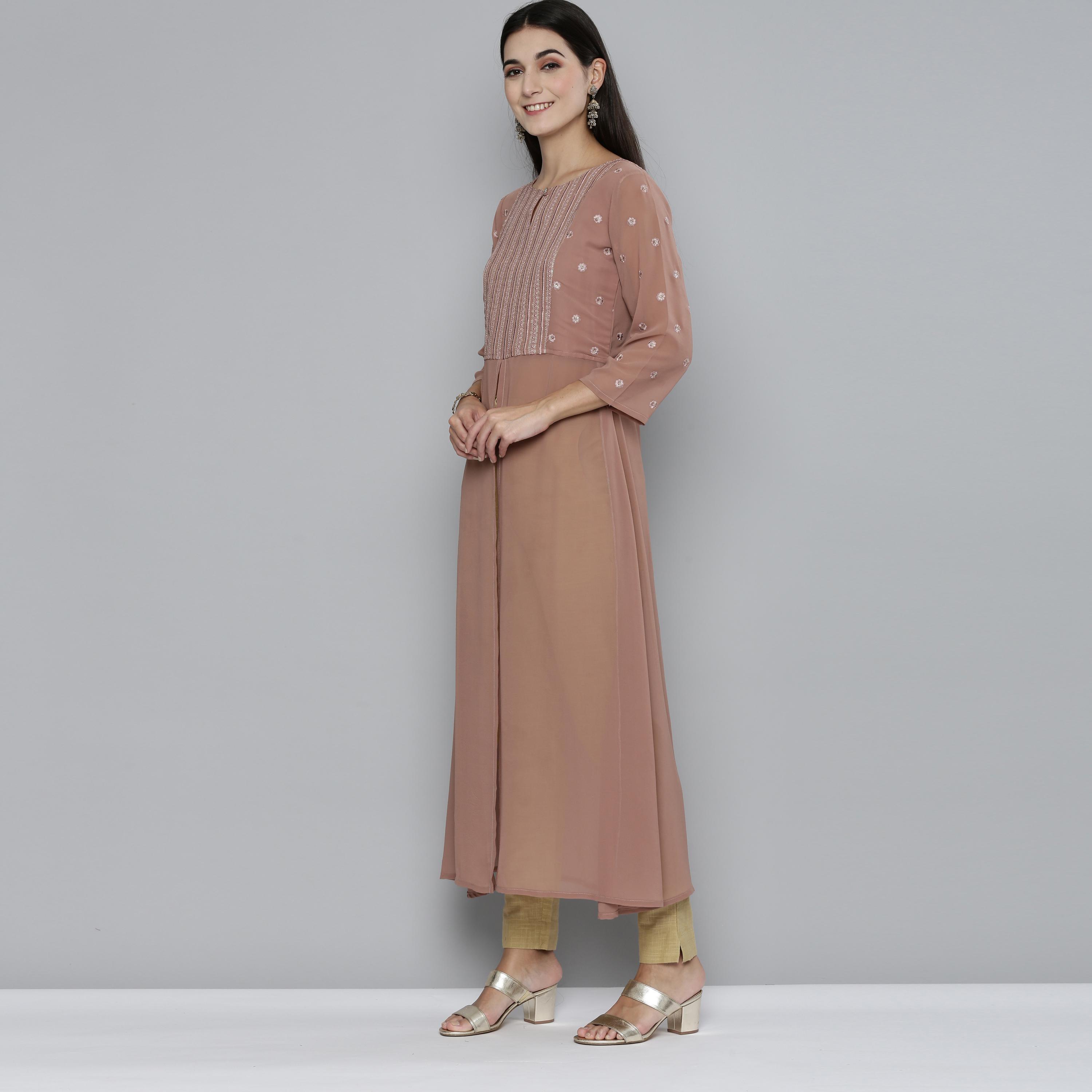 Kvsfab - Tortilla (Brown ) Festive Wear Sequins & Embroidered work Georgette Kurti - Peachmode