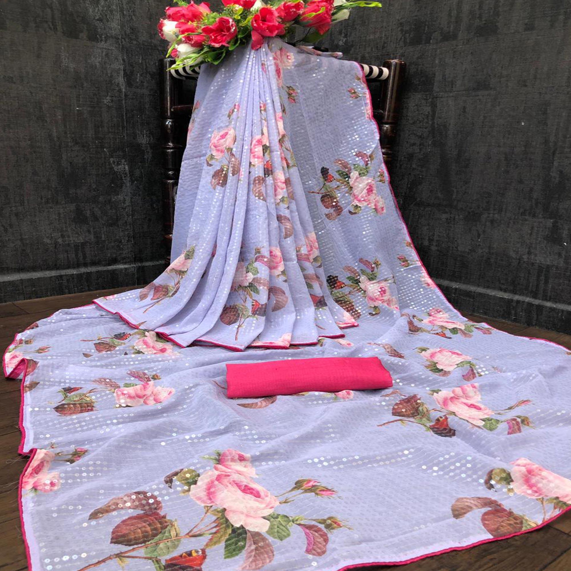 Lavendar Casual Wear Printed & Sequence Work Heavy Georgette Saree - Peachmode