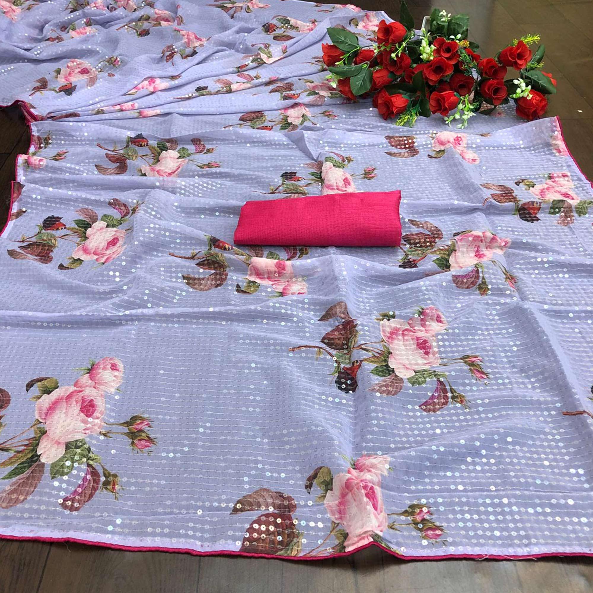 Lavendar Casual Wear Printed & Sequence Work Heavy Georgette Saree - Peachmode
