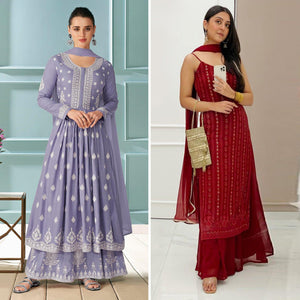 Lavender And Maroon Palazzo Suits Pack of 2 - Peachmode