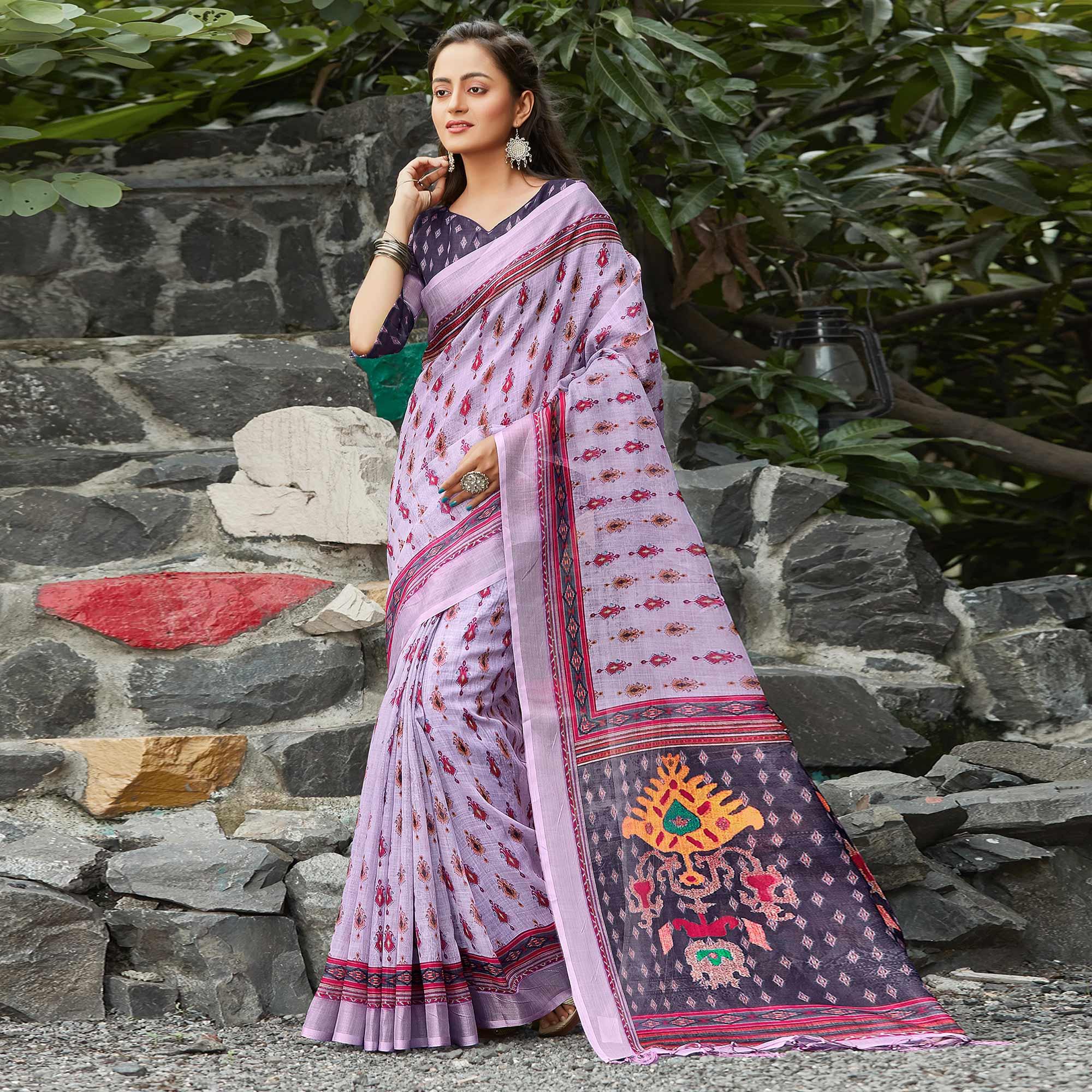 Lavender Casual Wear Digital Printed Pure Linen Saree - Peachmode