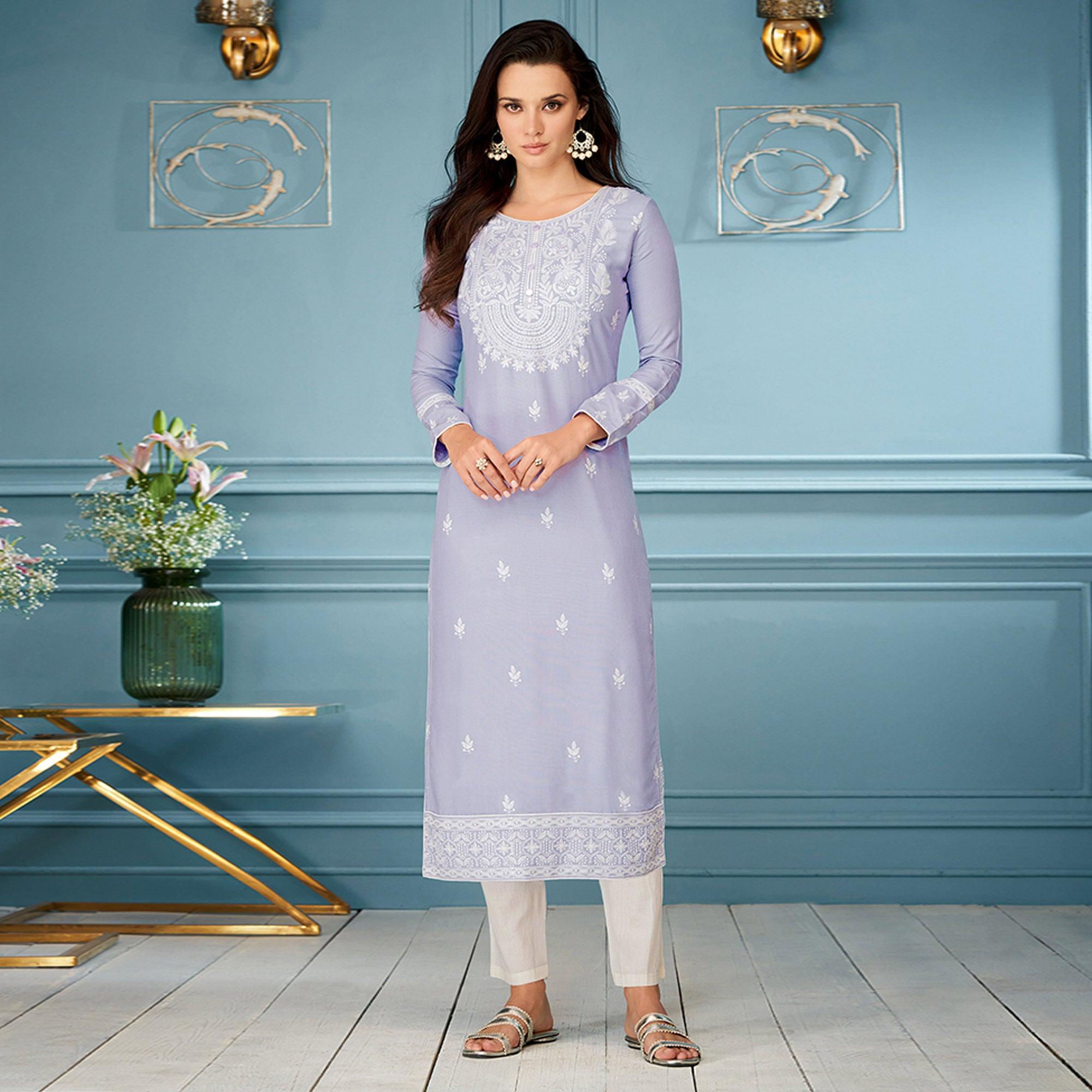 Lavender Casual Wear Embroidered Rayon Kurti - Peachmode