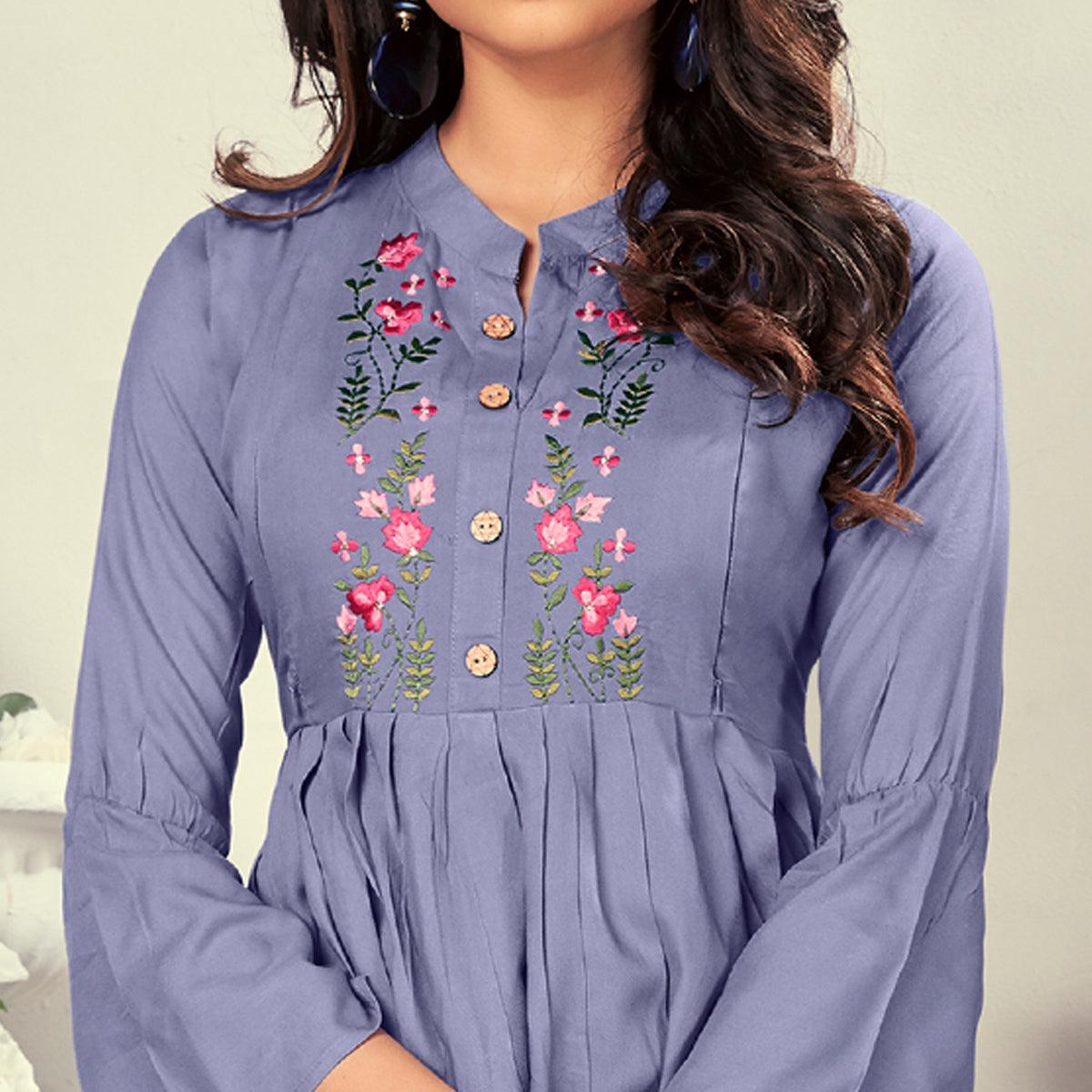 Lavender Casual Wear Embroidered Rayon Maternity Kurti - Peachmode