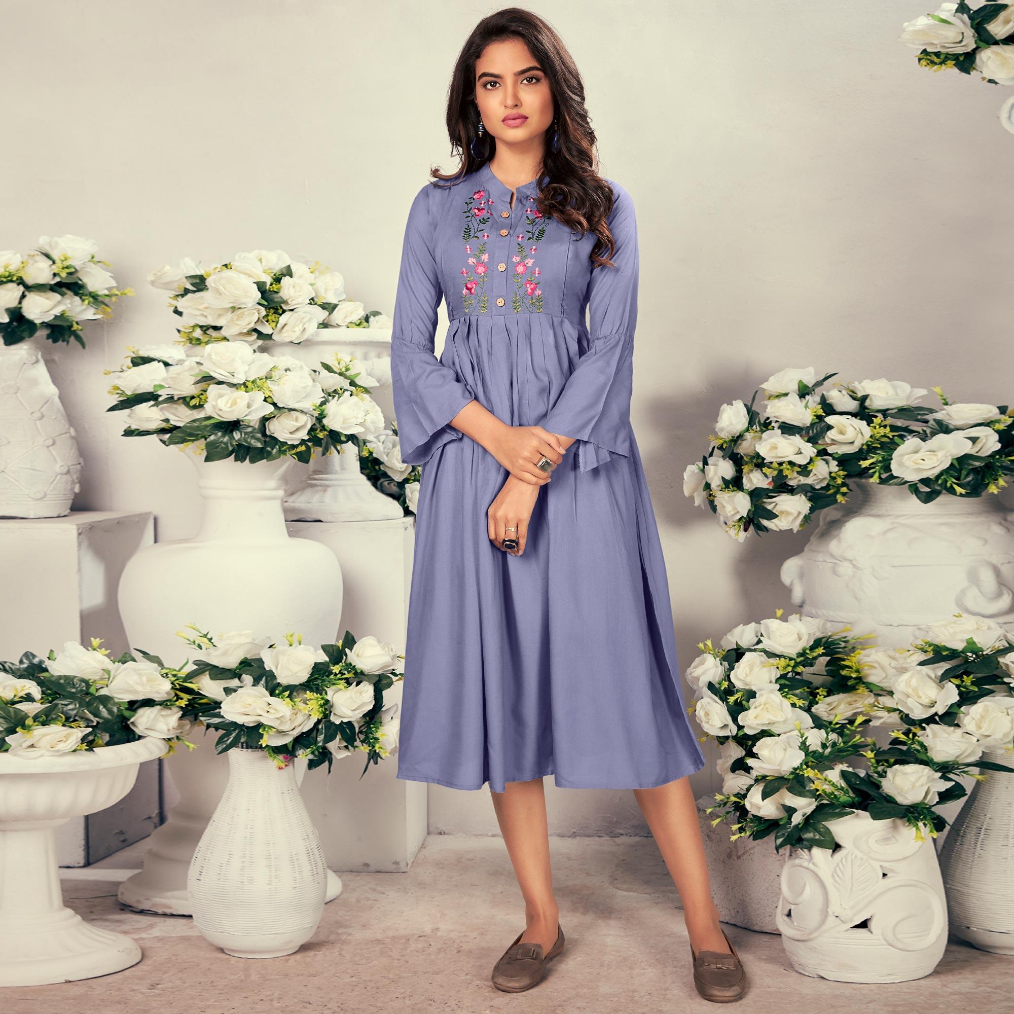 Lavender Casual Wear Embroidered Rayon Maternity Kurti - Peachmode