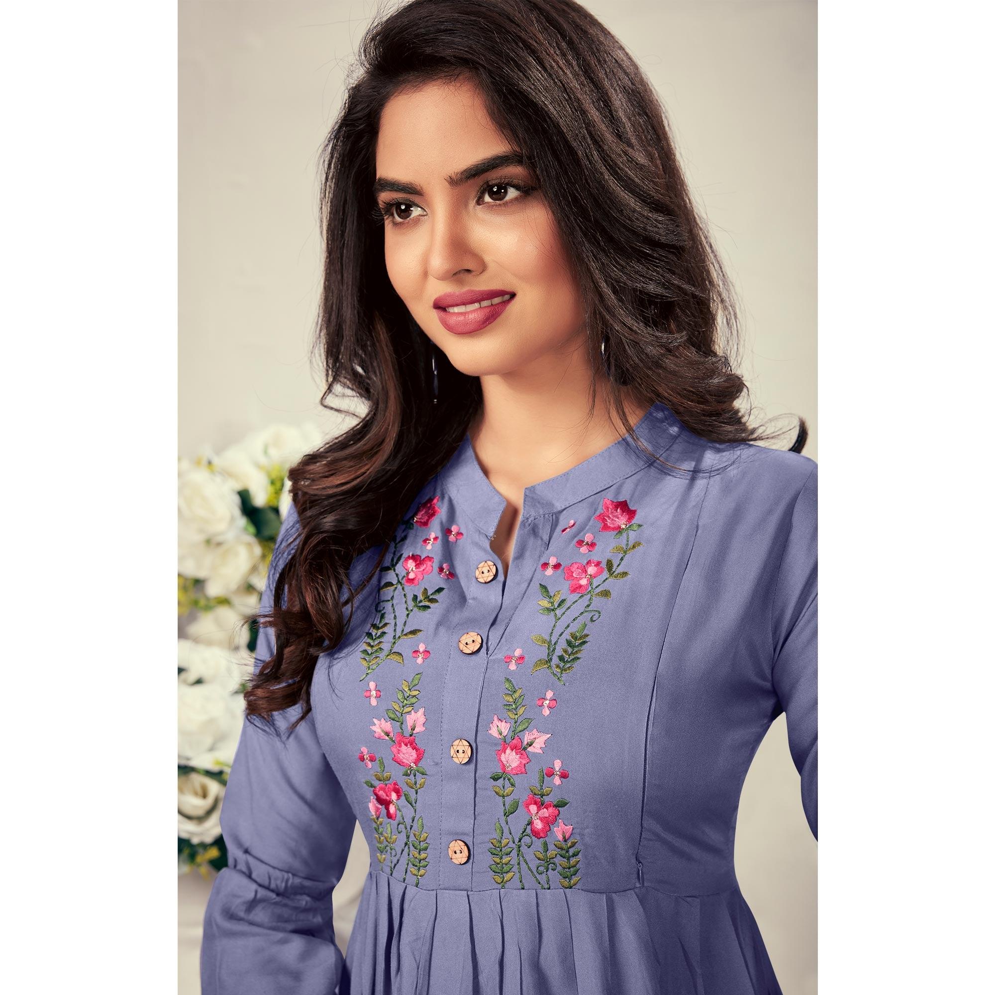 Lavender Casual Wear Embroidered Rayon Maternity Kurti - Peachmode