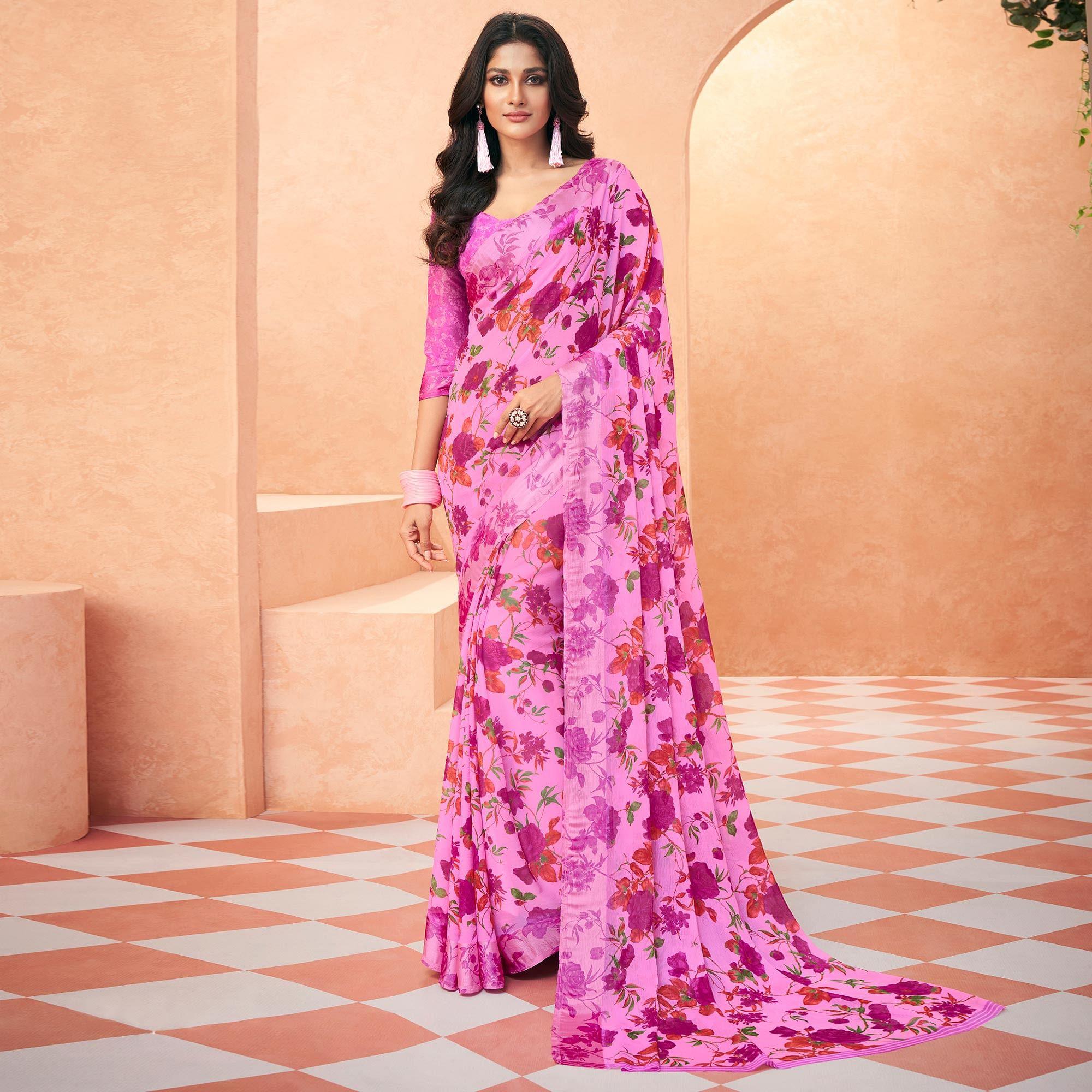 Lavender Casual Wear Floral Printed Chiffon Saree - Peachmode