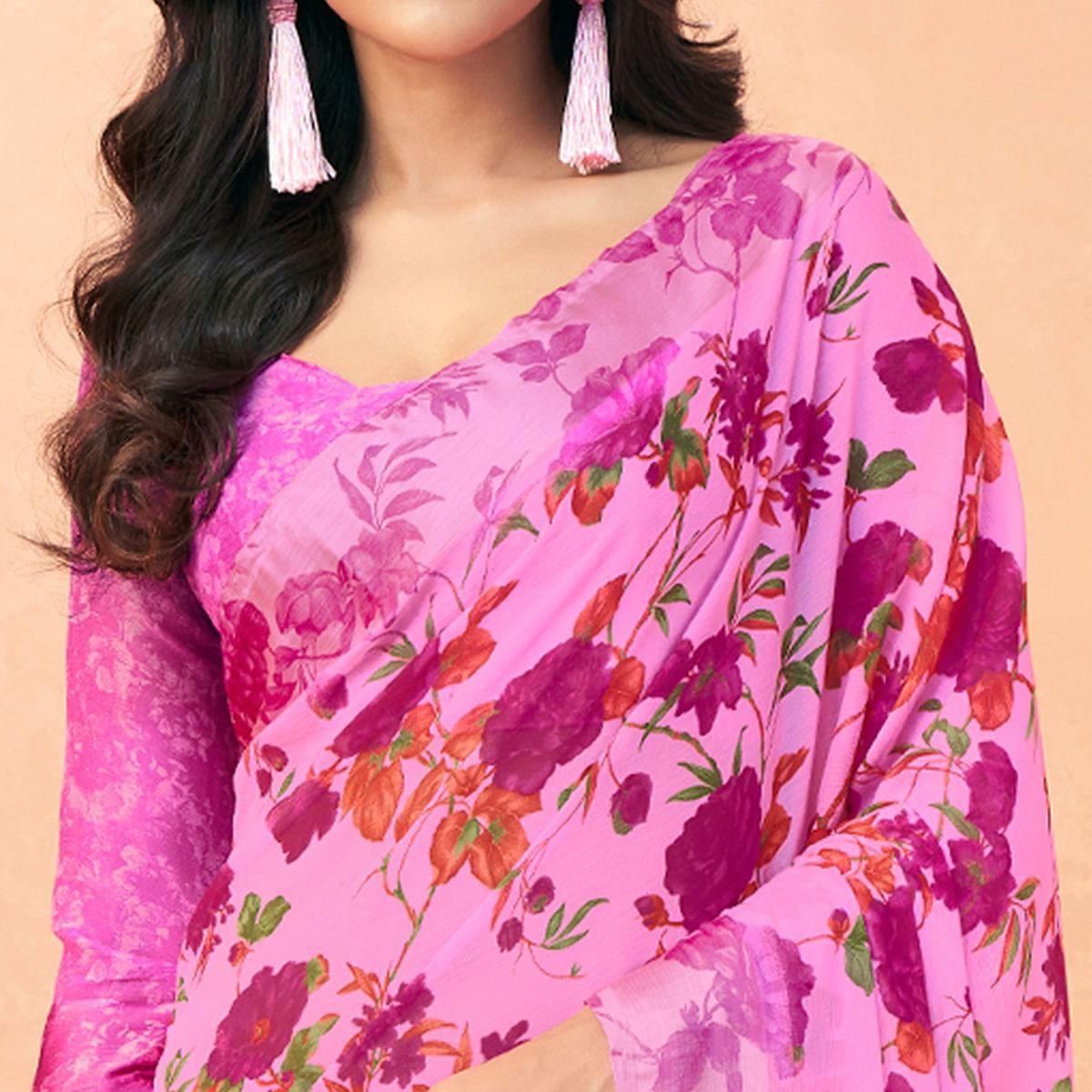 Lavender Casual Wear Floral Printed Chiffon Saree - Peachmode