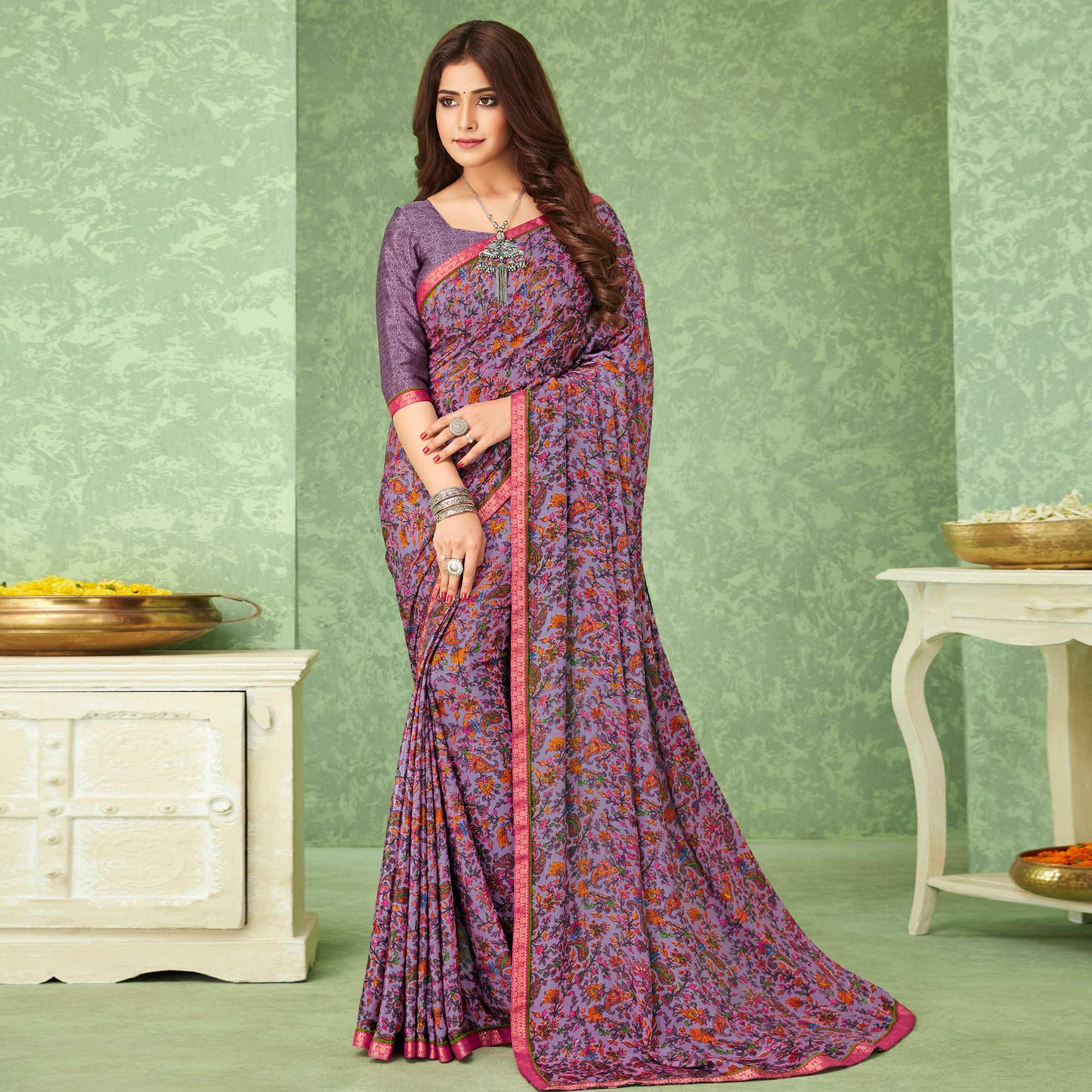 Lavender Casual Wear Floral Printed Crepe Saree With Banarasi Border - Peachmode