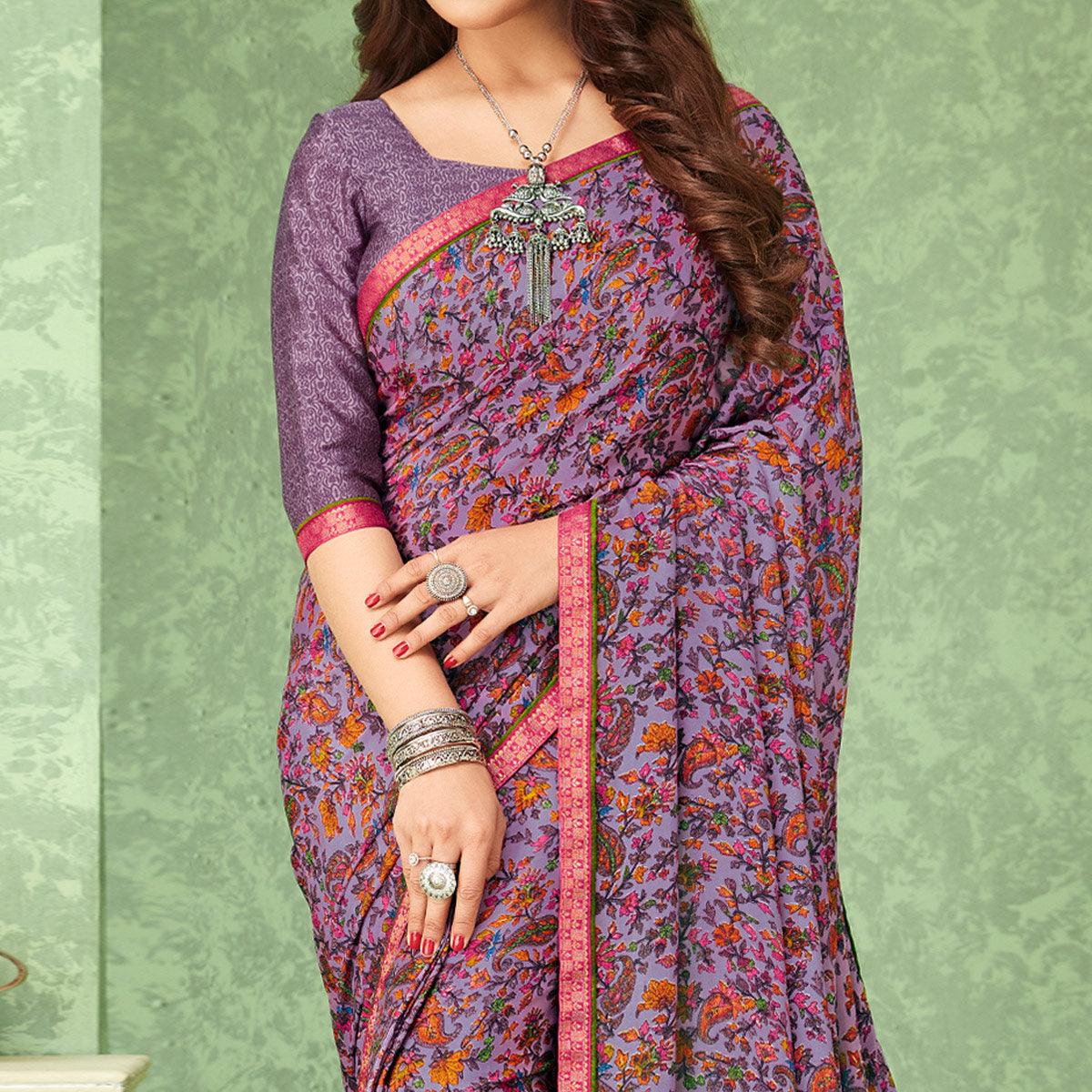 Lavender Casual Wear Floral Printed Crepe Saree With Banarasi Border - Peachmode