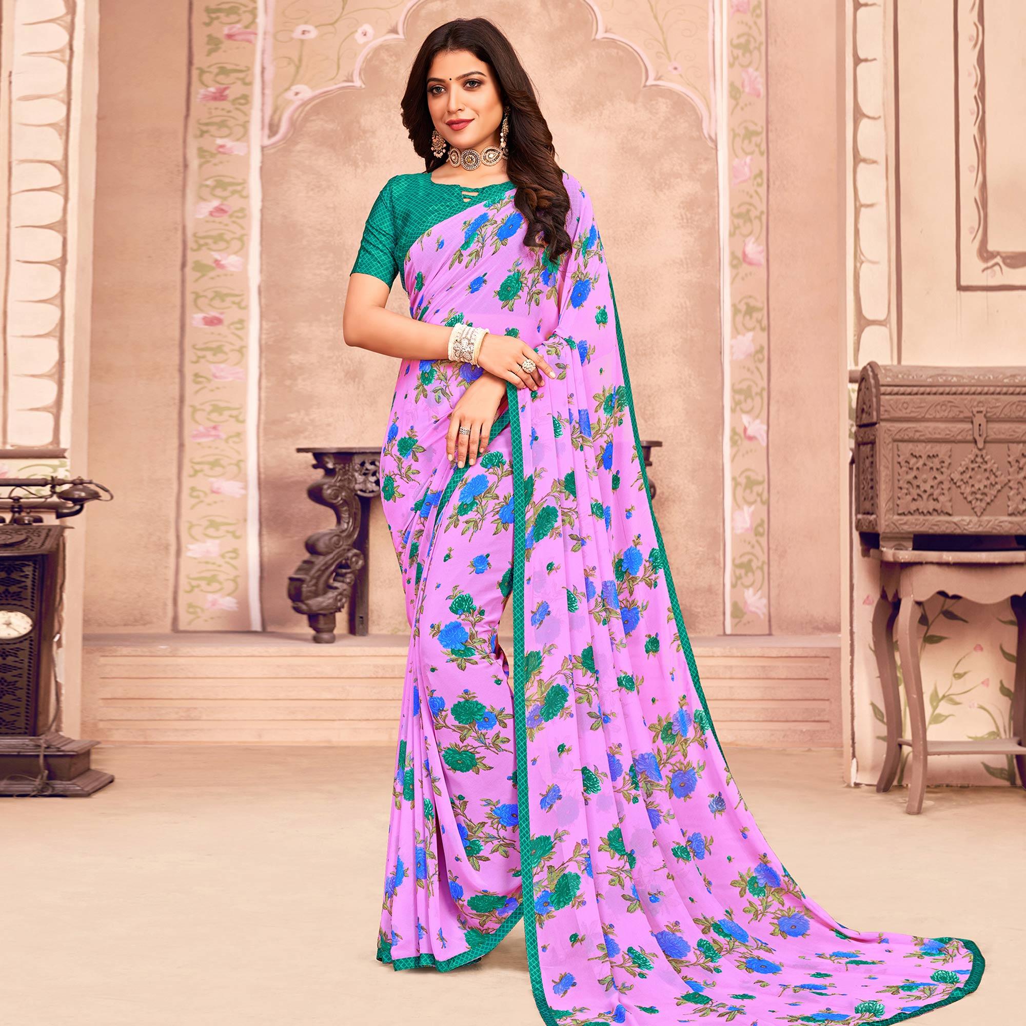 Lavender Casual Wear Floral Printed Georgette Saree - Peachmode