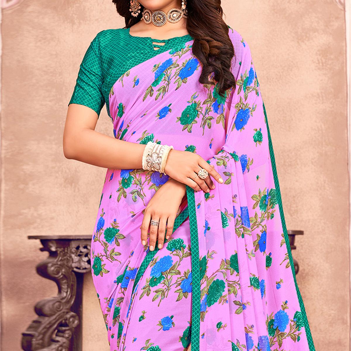 Lavender Casual Wear Floral Printed Georgette Saree - Peachmode