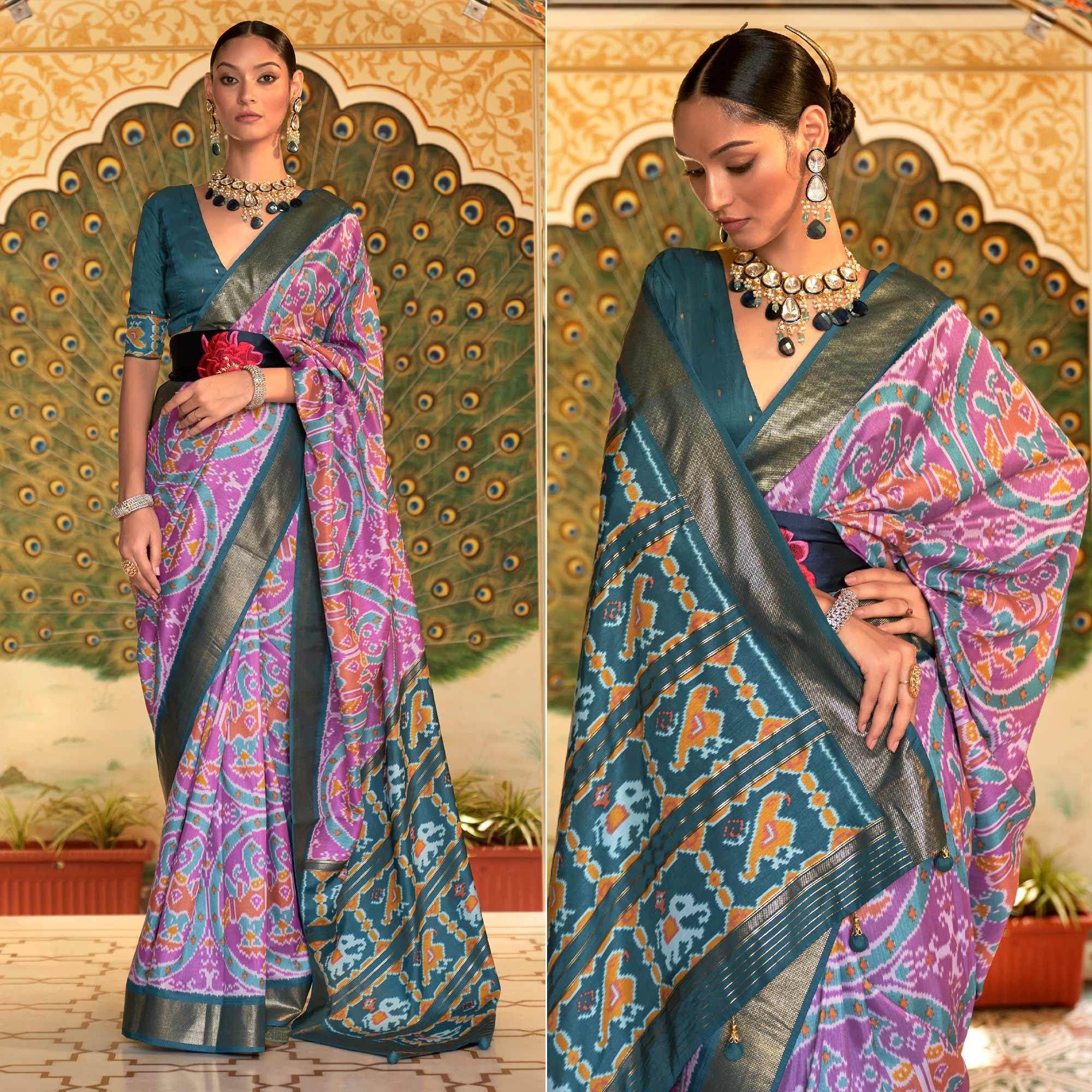 Lavender Digital Patola Printed Silk Saree - Peachmode