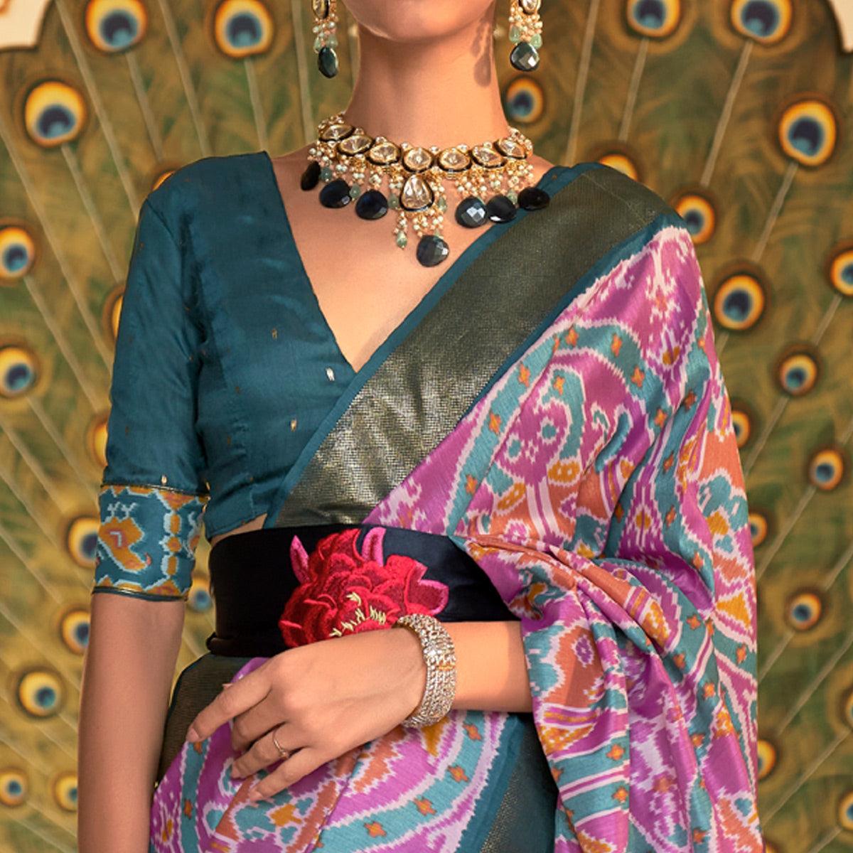 Lavender Digital Patola Printed Silk Saree - Peachmode
