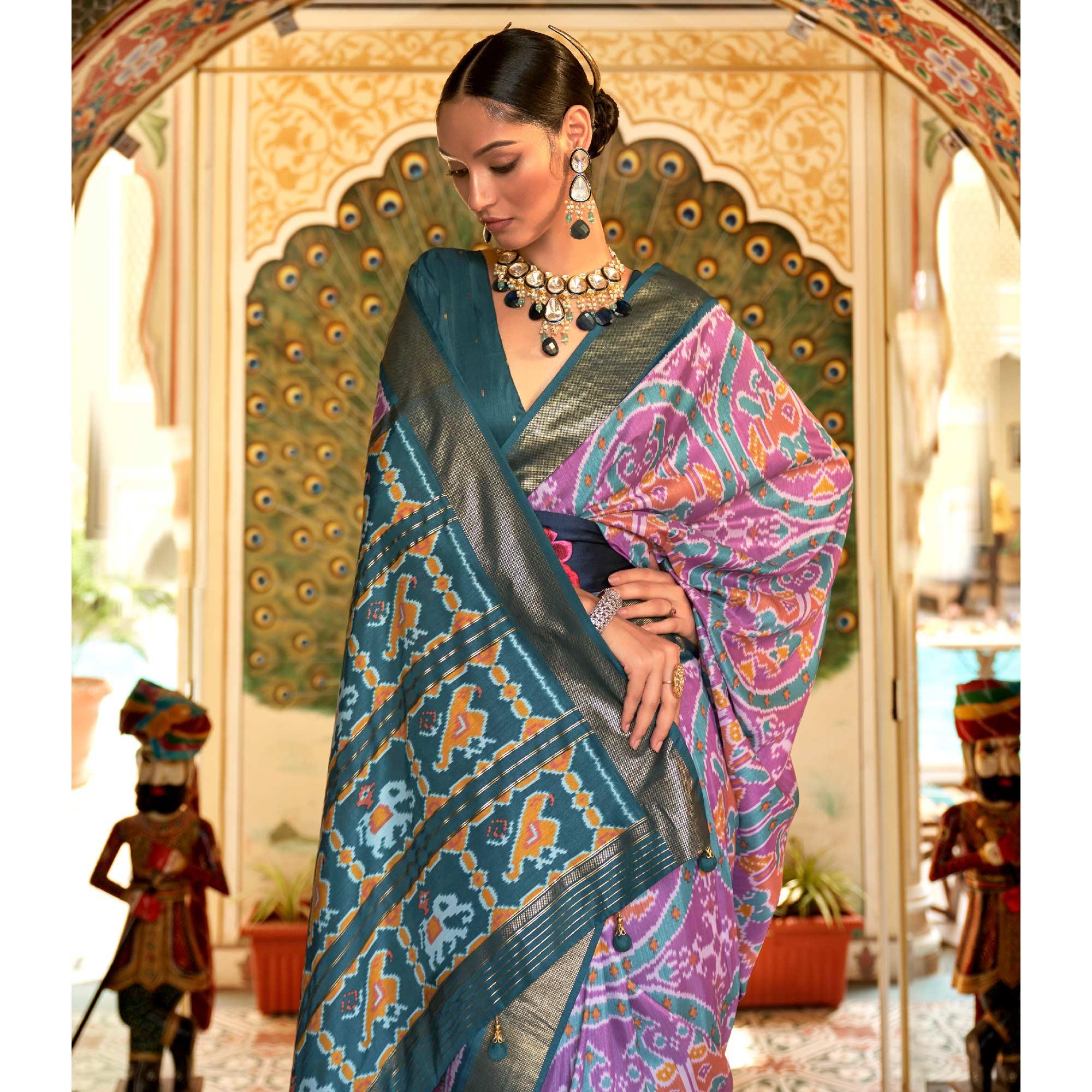 Lavender Digital Patola Printed Silk Saree - Peachmode