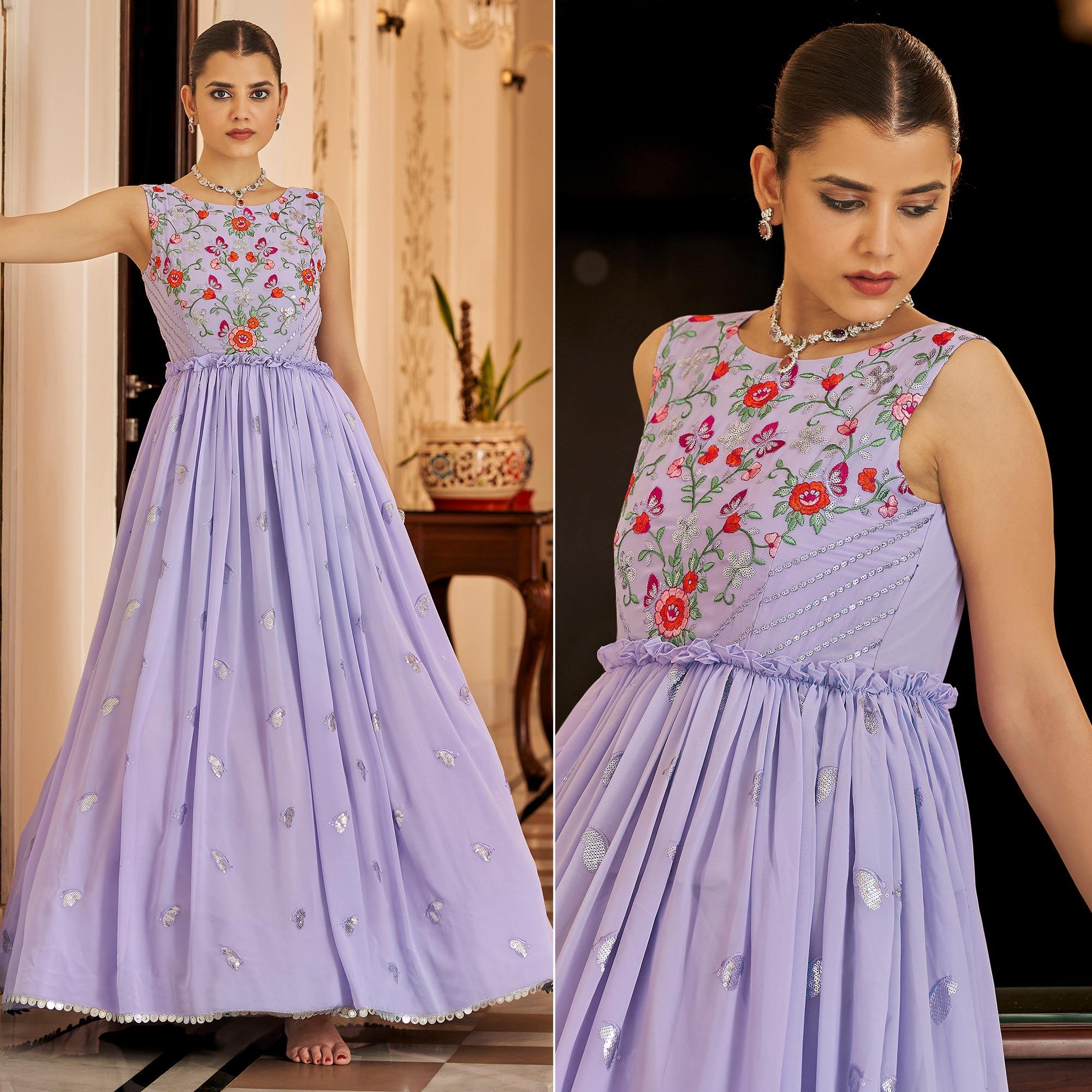 Lavender Embroidered Georgette Gown - Peachmode