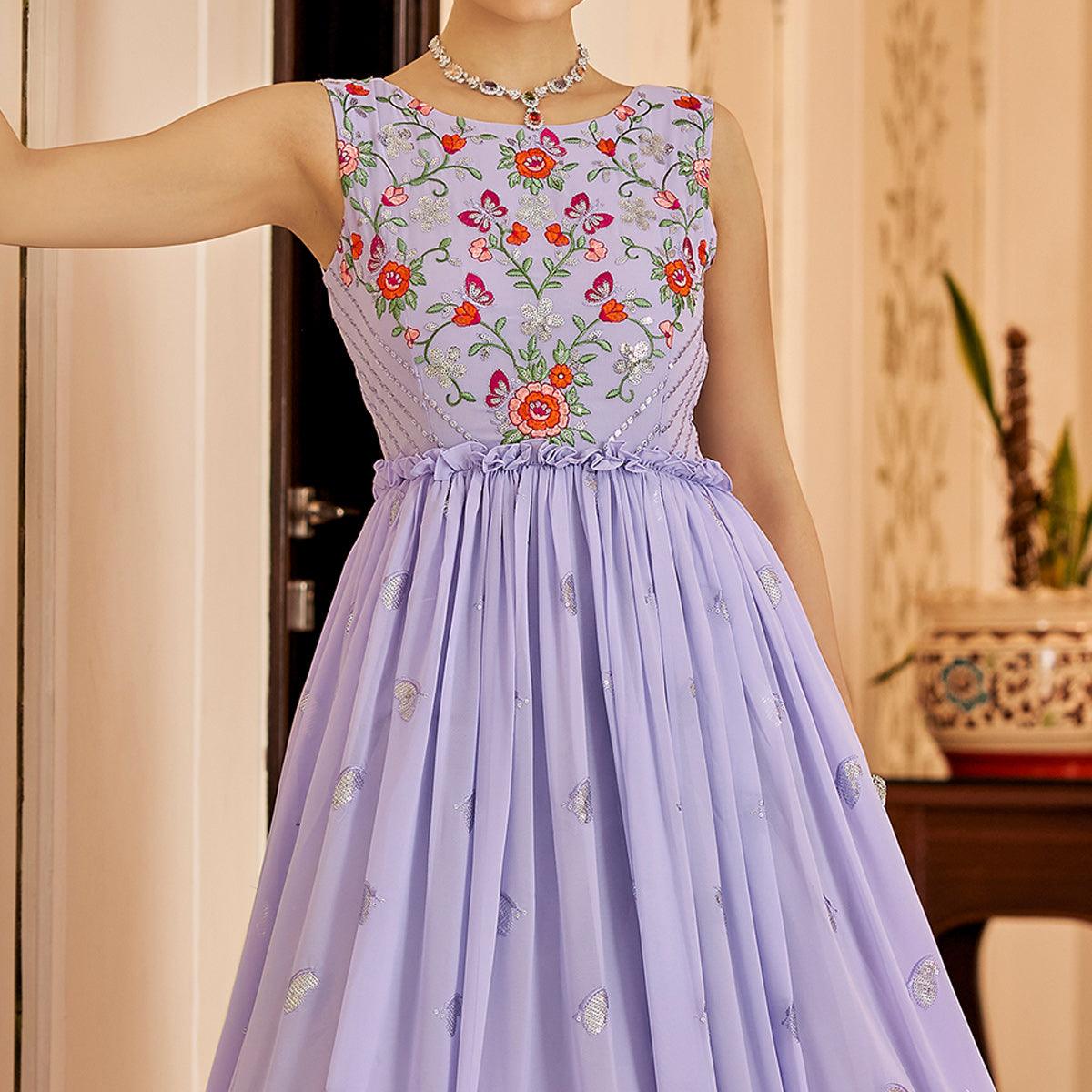 Lavender Embroidered Georgette Gown - Peachmode