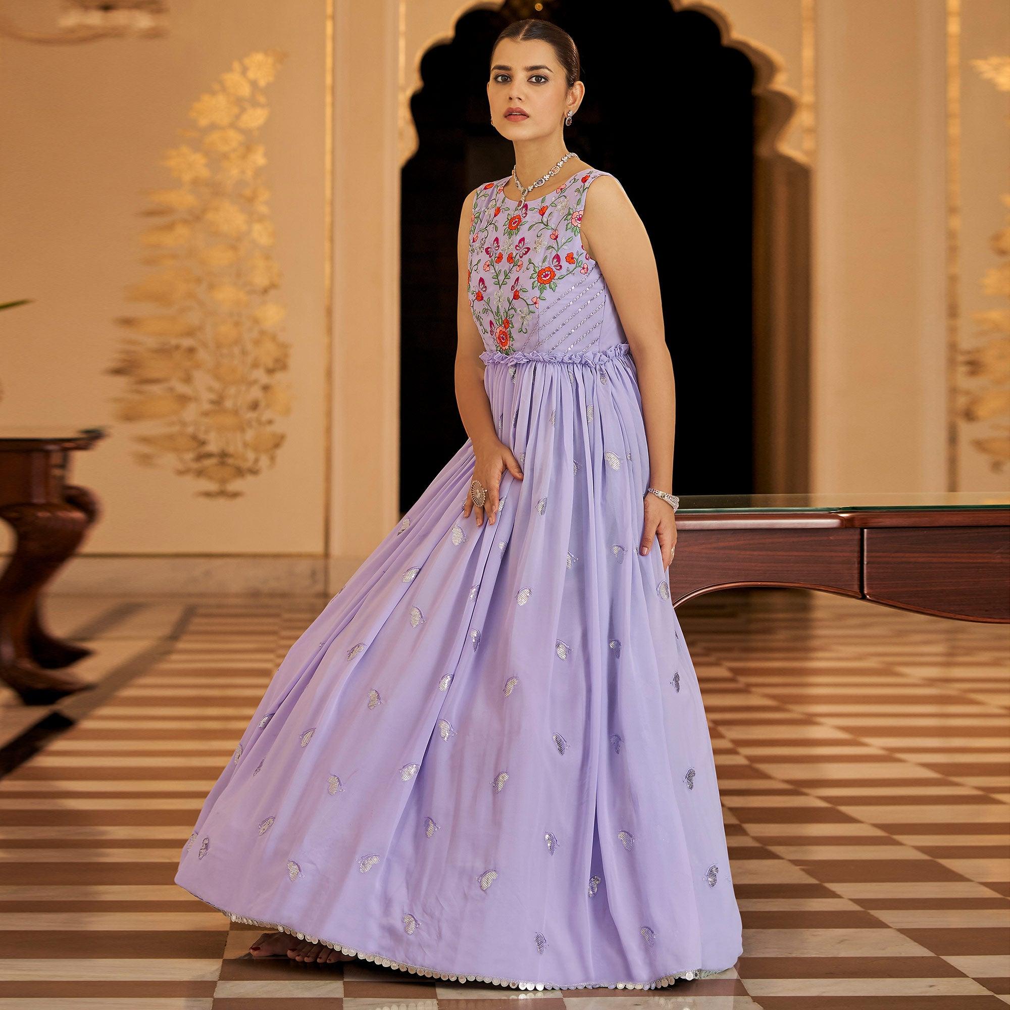 Lavender Embroidered Georgette Gown - Peachmode