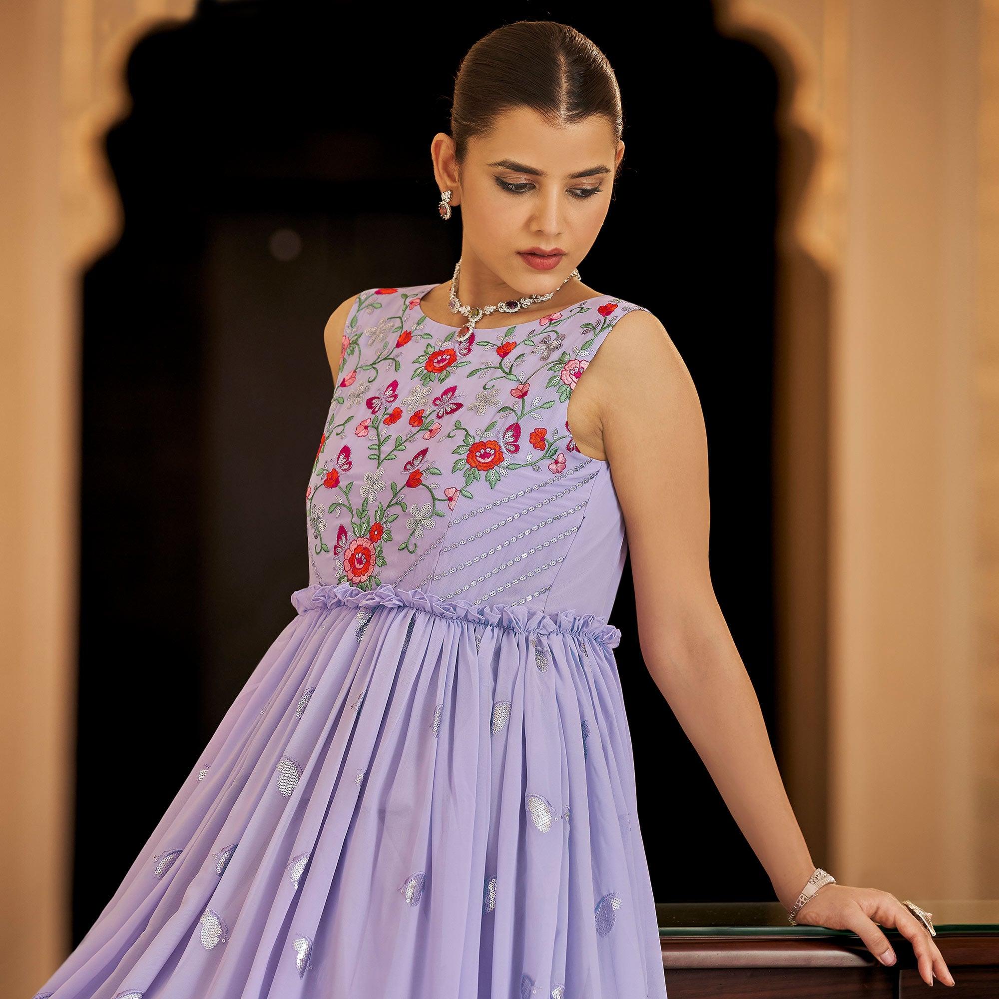 Lavender Embroidered Georgette Gown - Peachmode