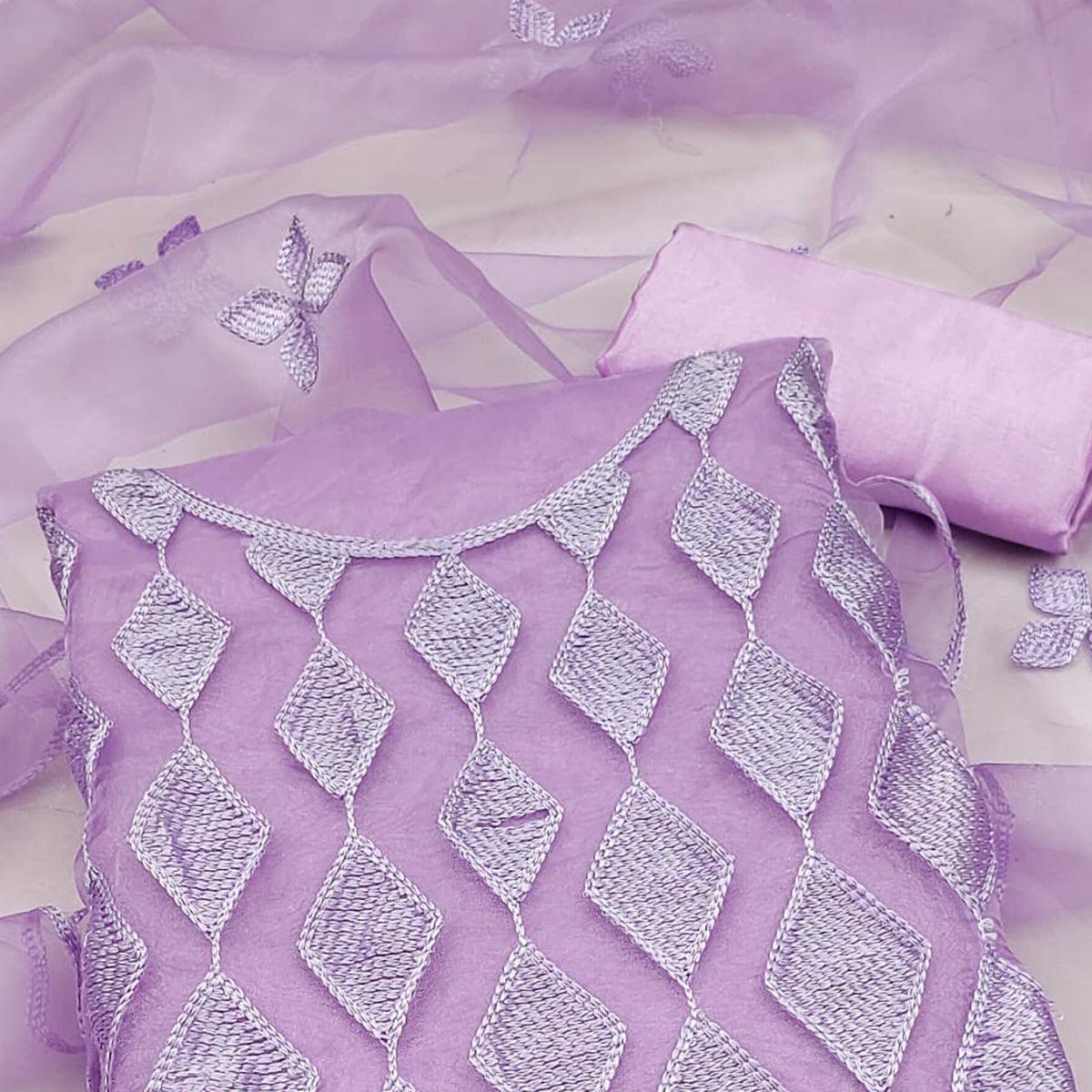 Lavender Embroidered Organza Dress Material - Peachmode