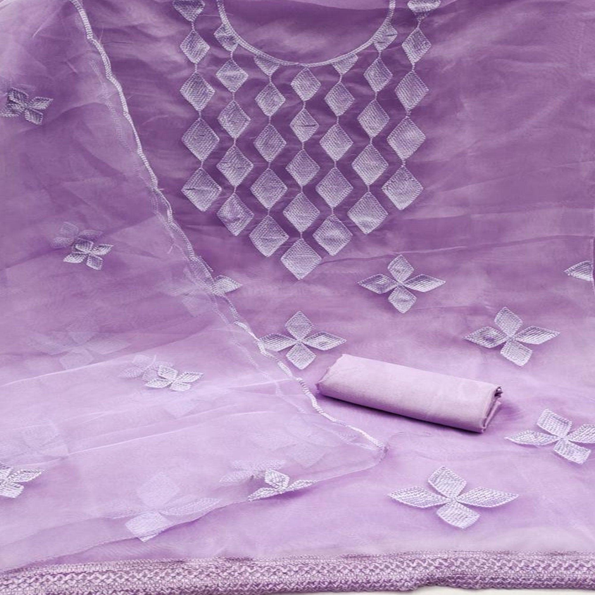 Lavender Embroidered Organza Dress Material - Peachmode