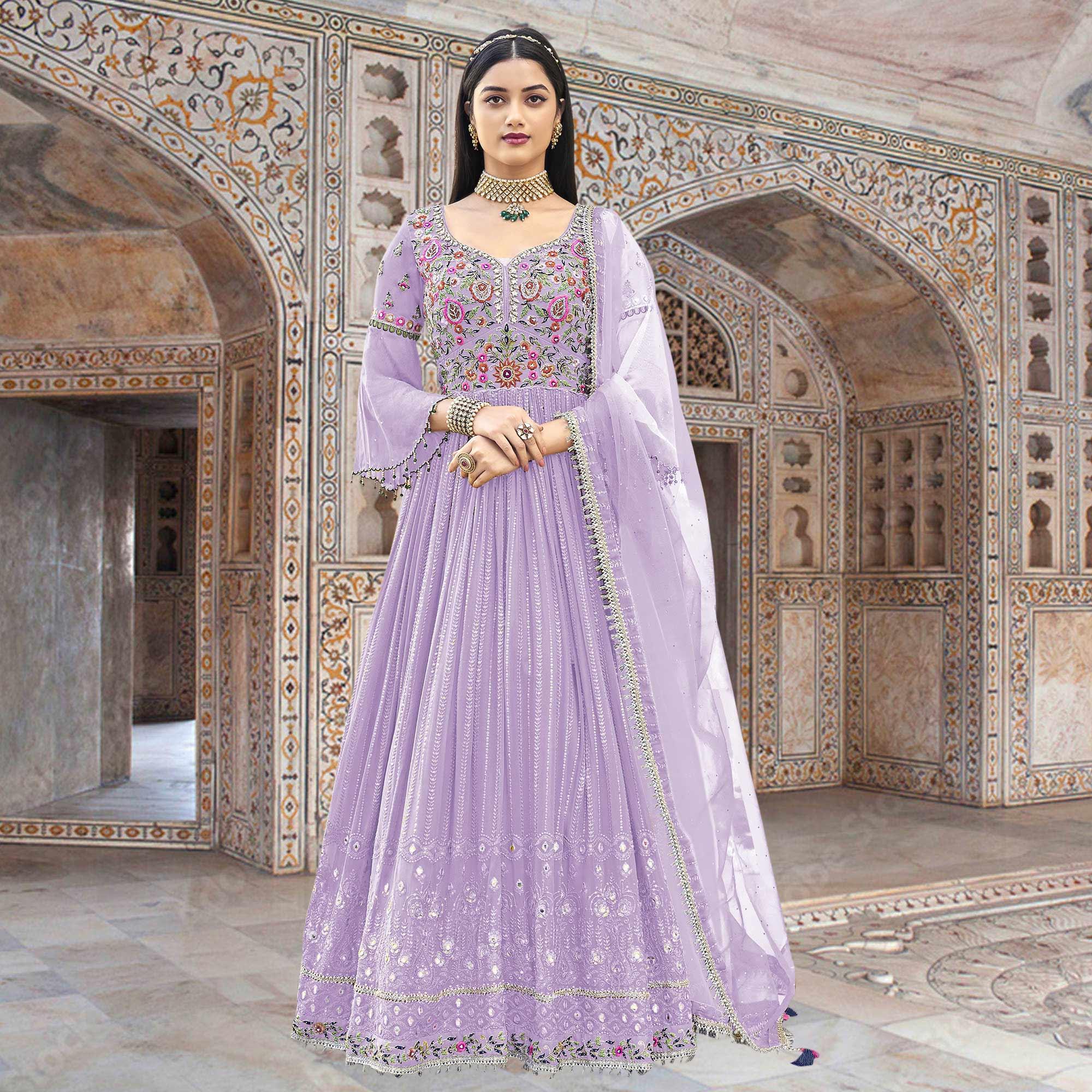 Lavender Embroidered With Embellished Georgette Anarkali Style Gown - Peachmode