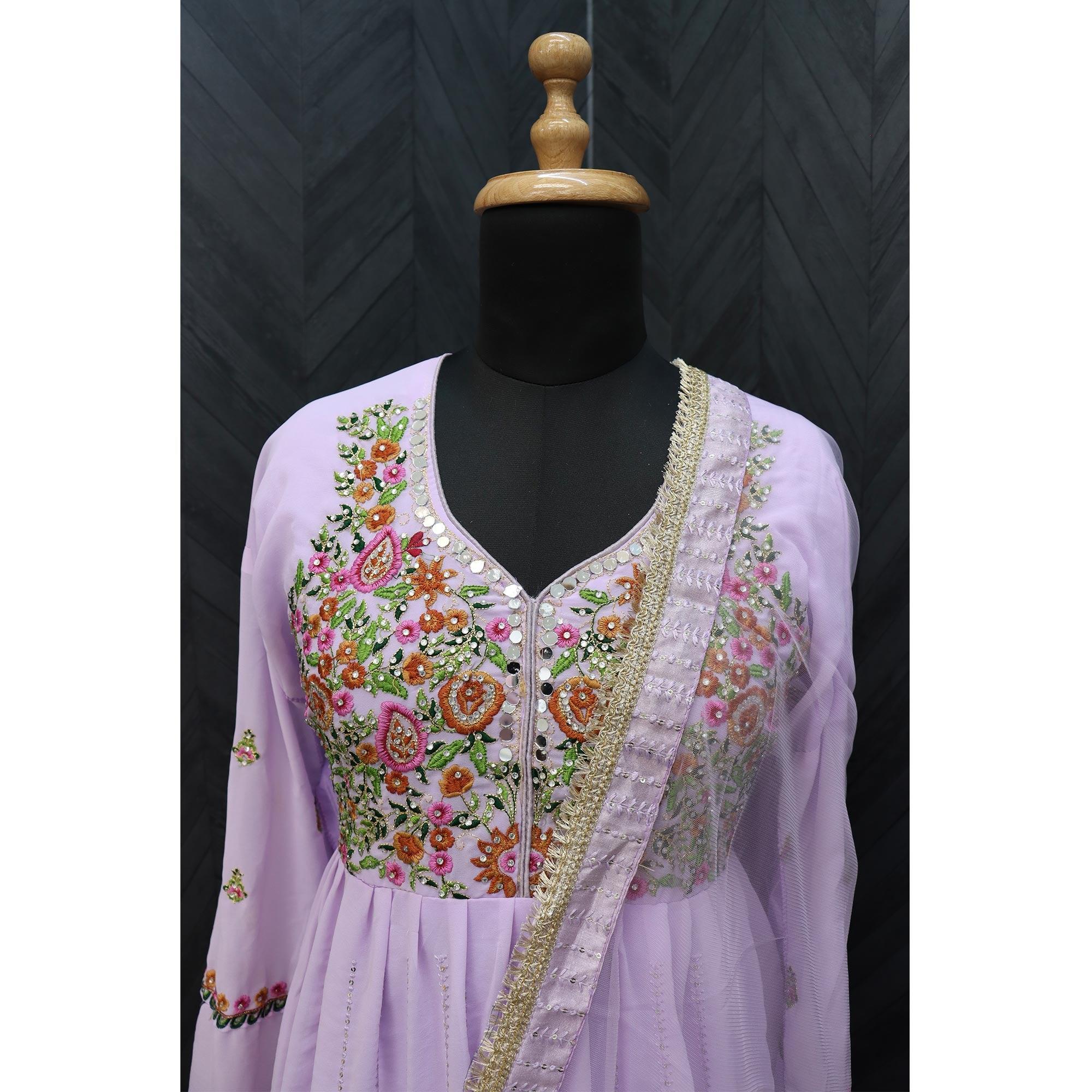 Lavender Embroidered With Embellished Georgette Anarkali Style Gown - Peachmode