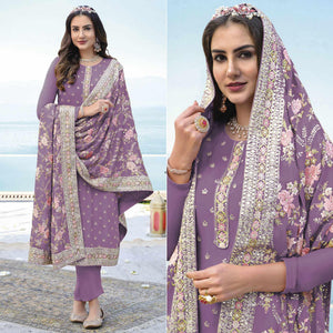 Lavender Embroidered With Embellished Georgette Salwar Suit - Peachmode