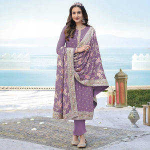 Lavender Embroidered With Embellished Georgette Salwar Suit - Peachmode