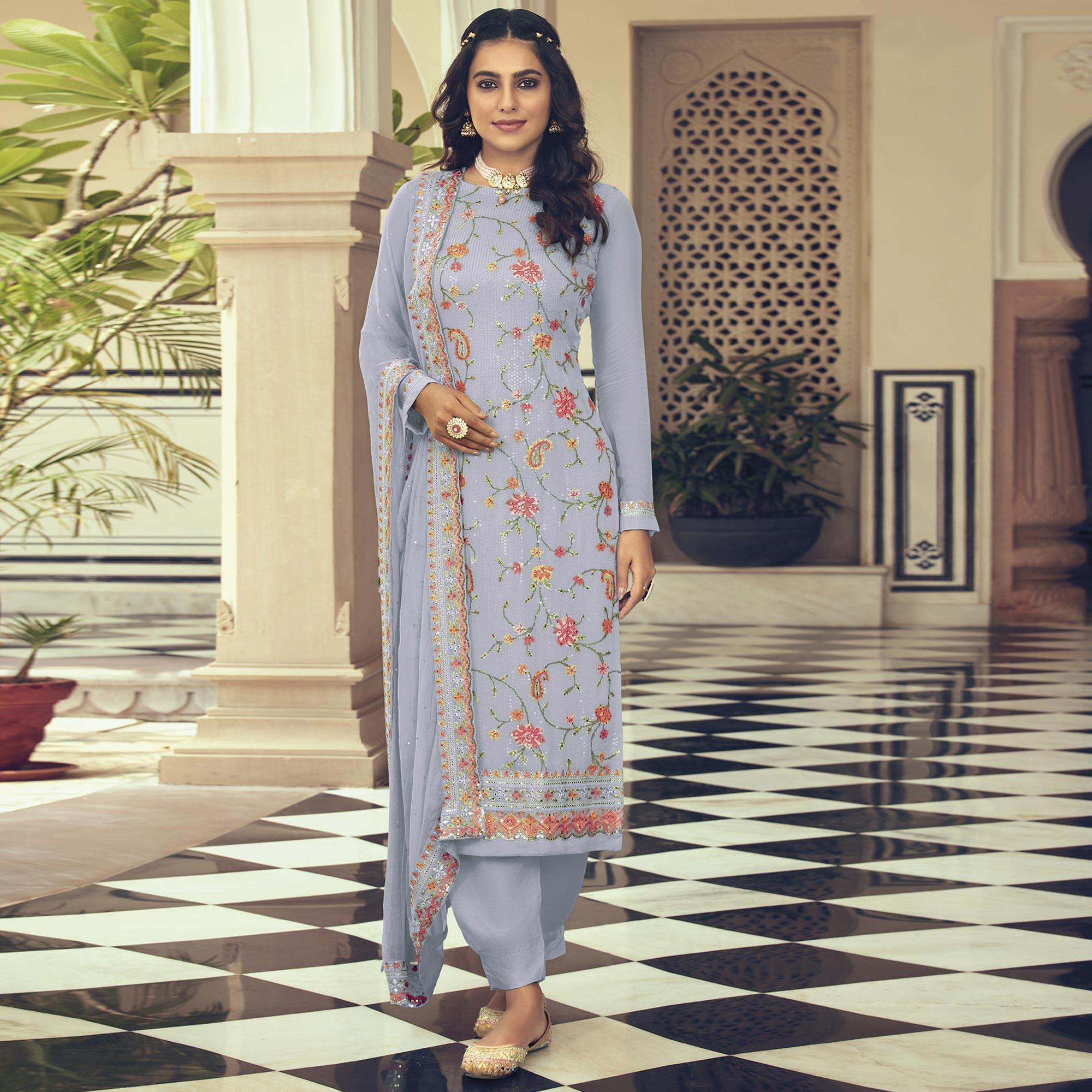 Lavender Embroidered With Embellished Georgette Salwar Suit - Peachmode