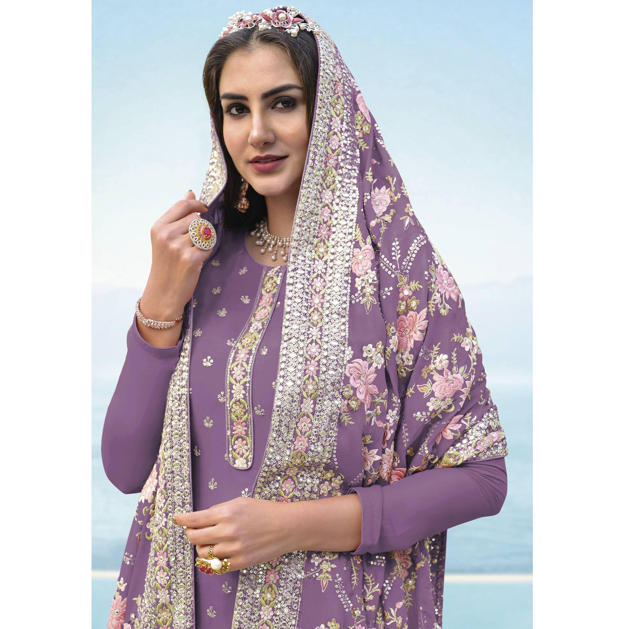 Lavender Embroidered With Embellished Georgette Salwar Suit - Peachmode