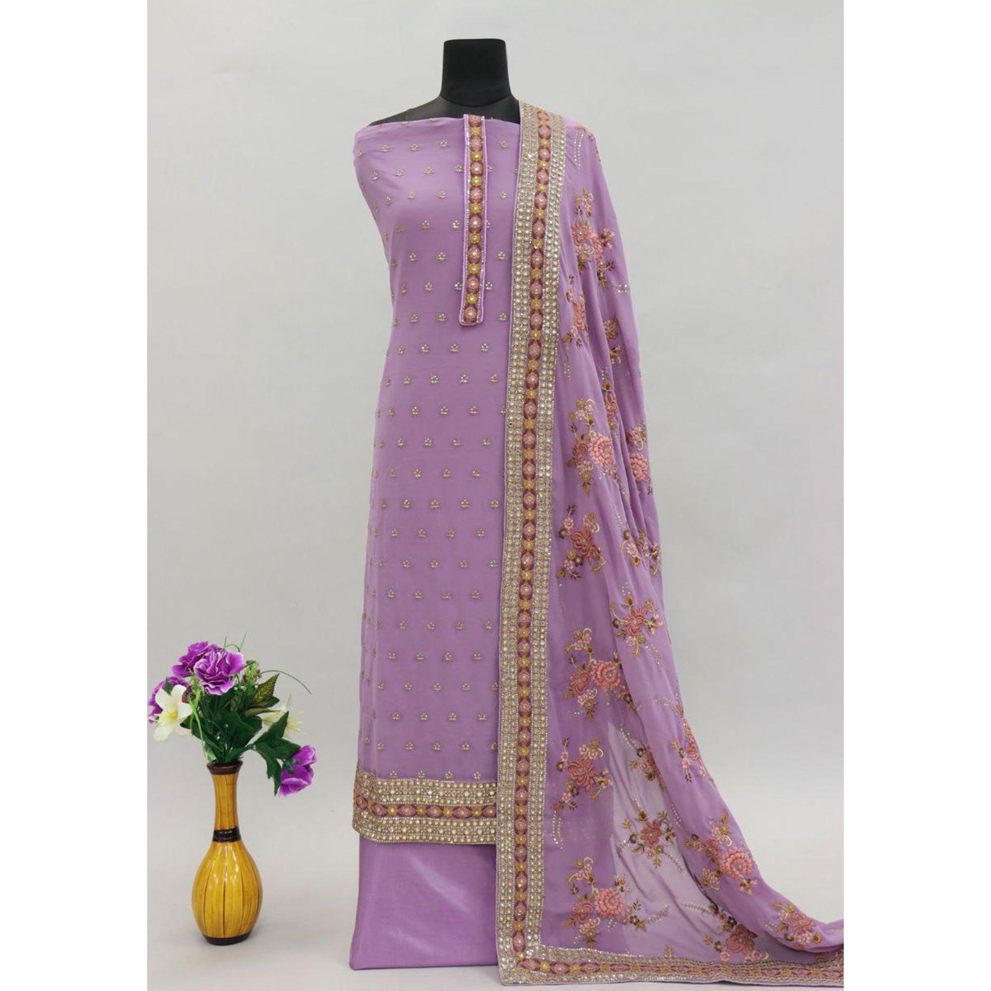 Lavender Embroidered With Embellished Georgette Salwar Suit - Peachmode