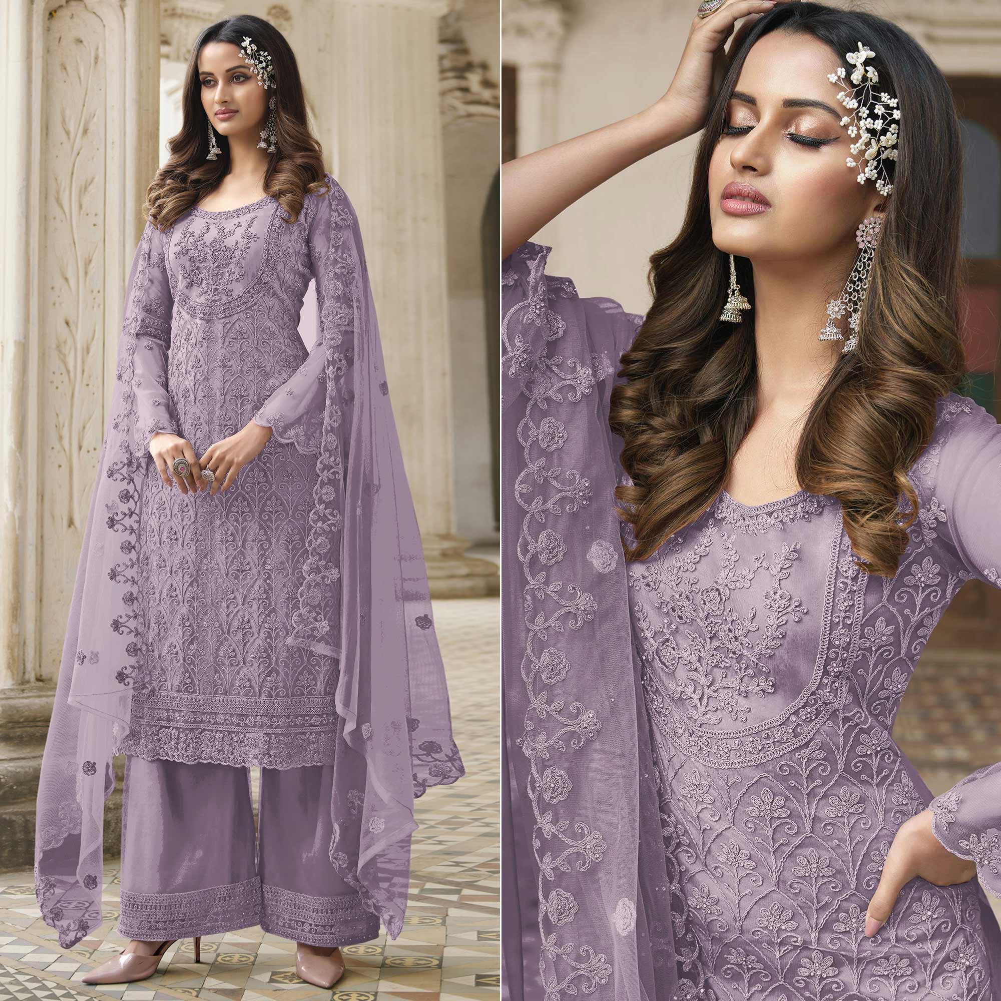 Lavender Embroidered With Embellished Net Palazzo Suit - Peachmode