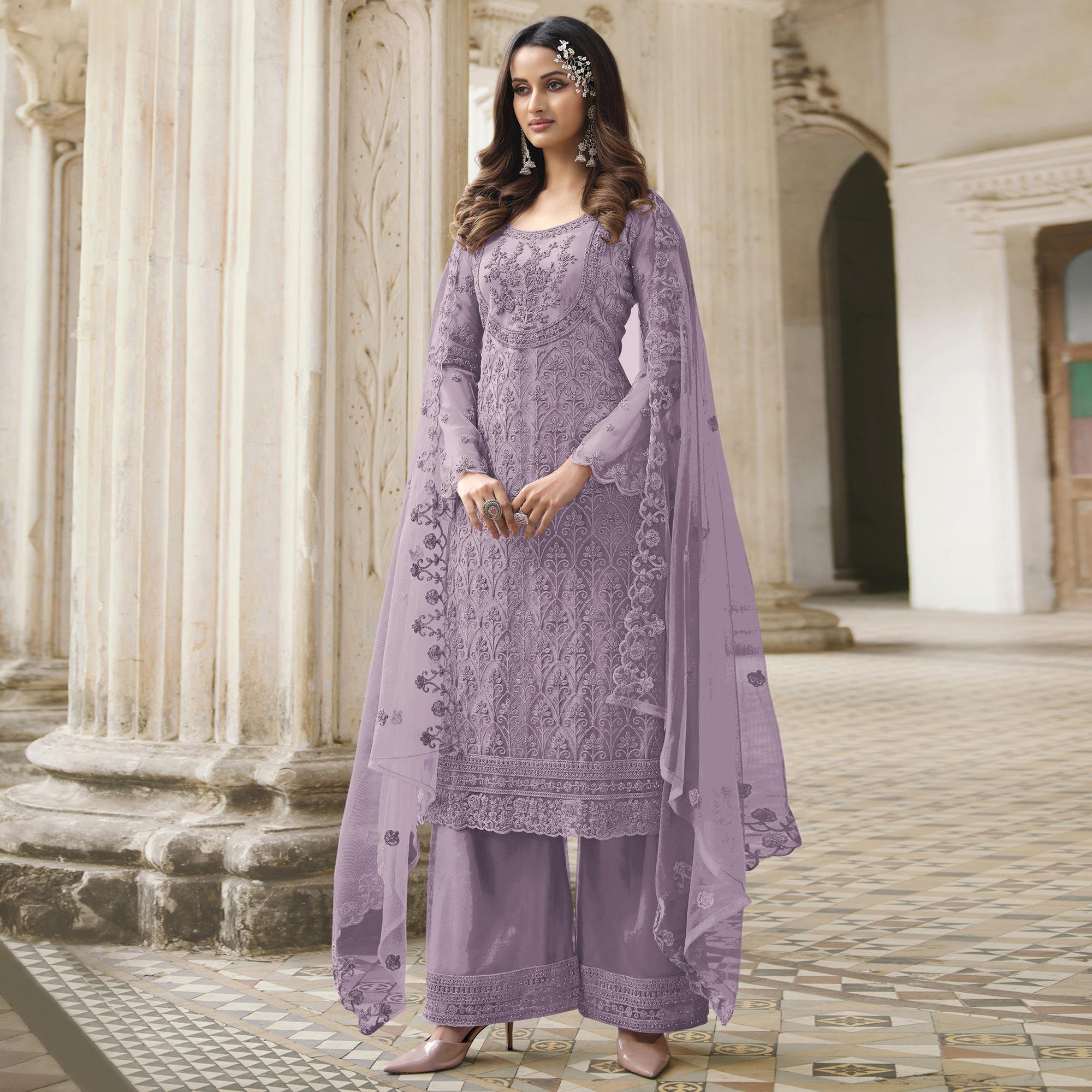 Lavender Embroidered With Embellished Net Palazzo Suit - Peachmode