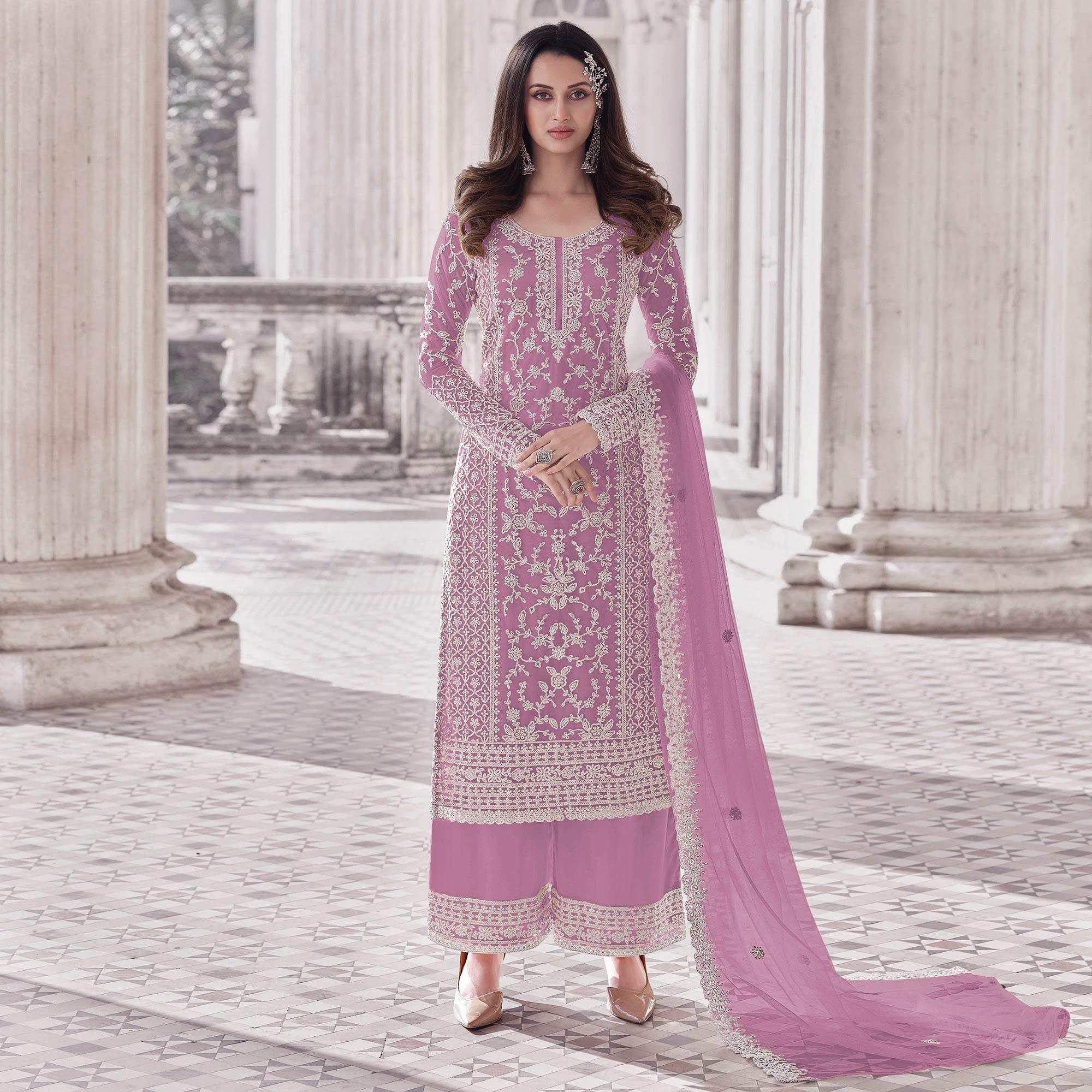 Lavender Embroidered With Embellished Net Palazzo Suit - Peachmode