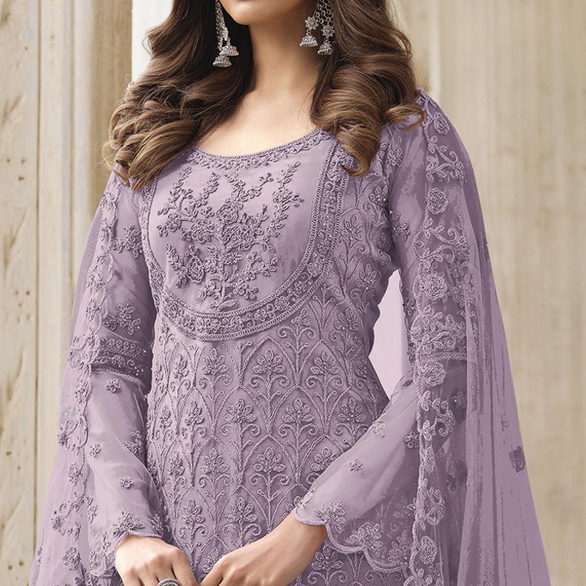 Lavender Embroidered With Embellished Net Palazzo Suit - Peachmode