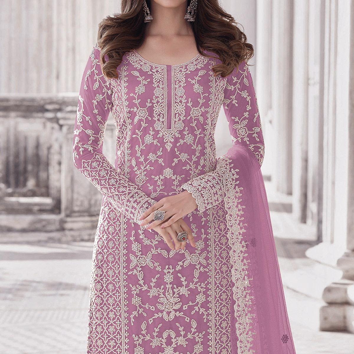 Lavender Embroidered With Embellished Net Palazzo Suit - Peachmode