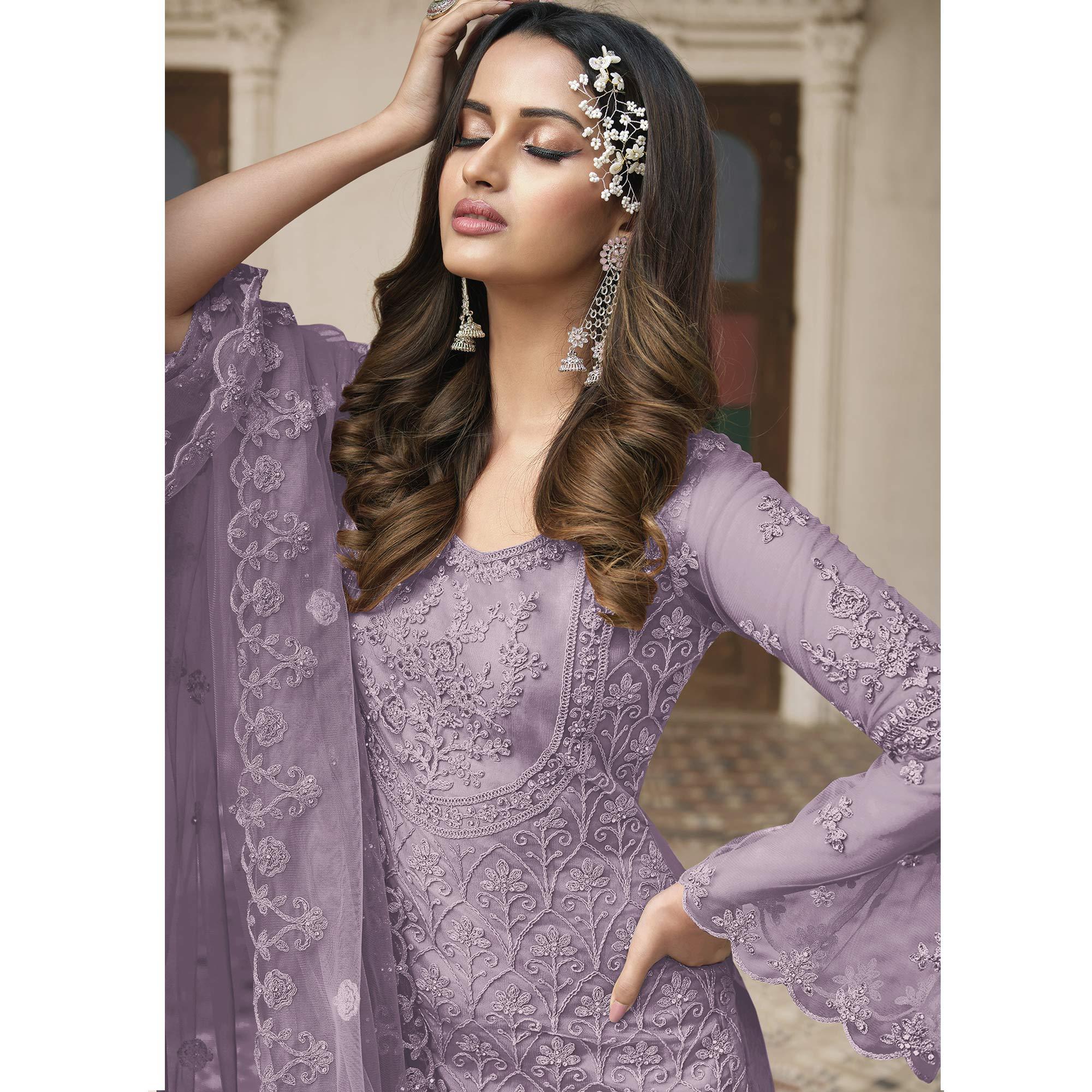 Lavender Embroidered With Embellished Net Palazzo Suit - Peachmode