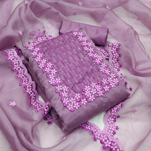 Lavender Festive Wear Floral Embroidered Organza Dress Material - Peachmode