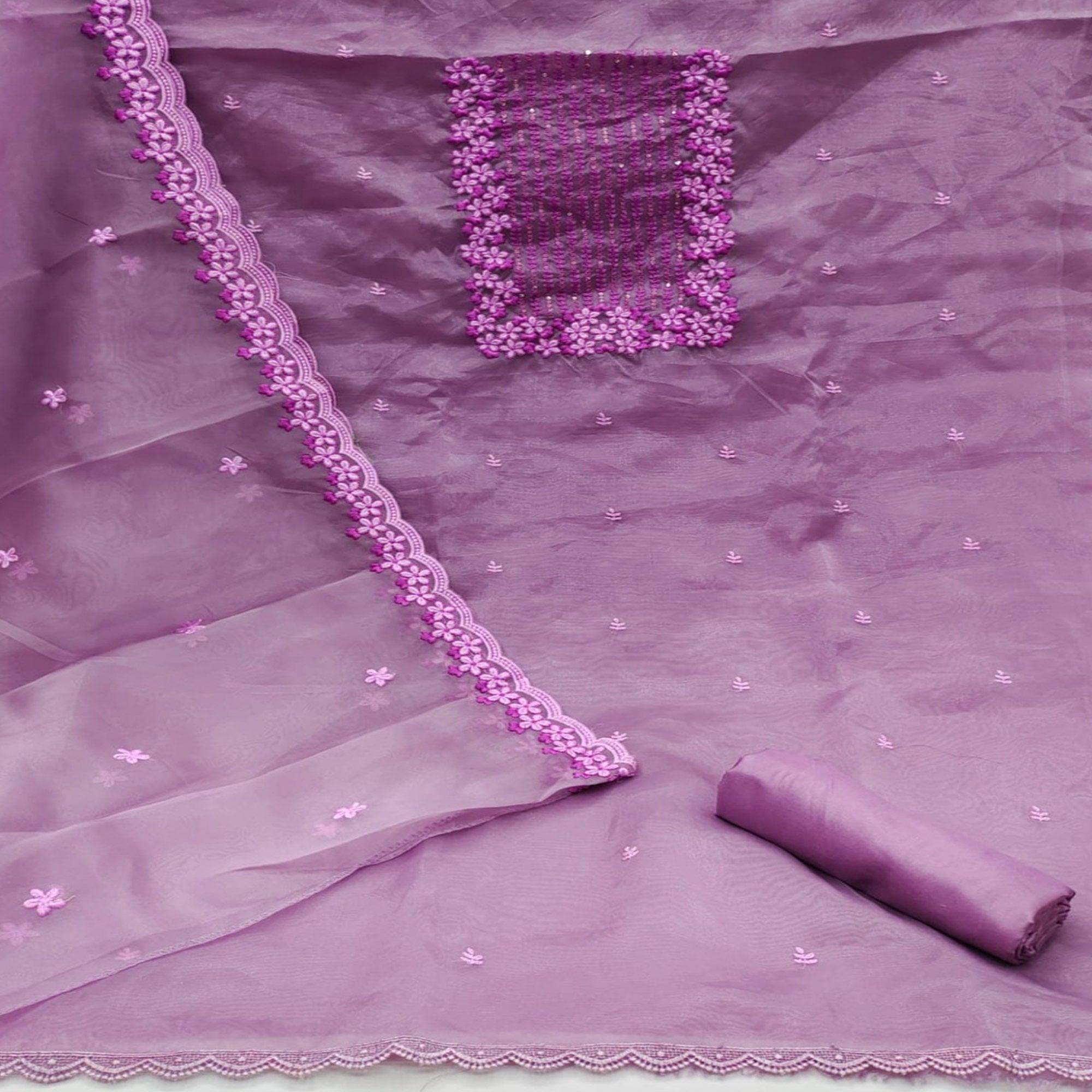 Lavender Festive Wear Floral Embroidered Organza Dress Material - Peachmode