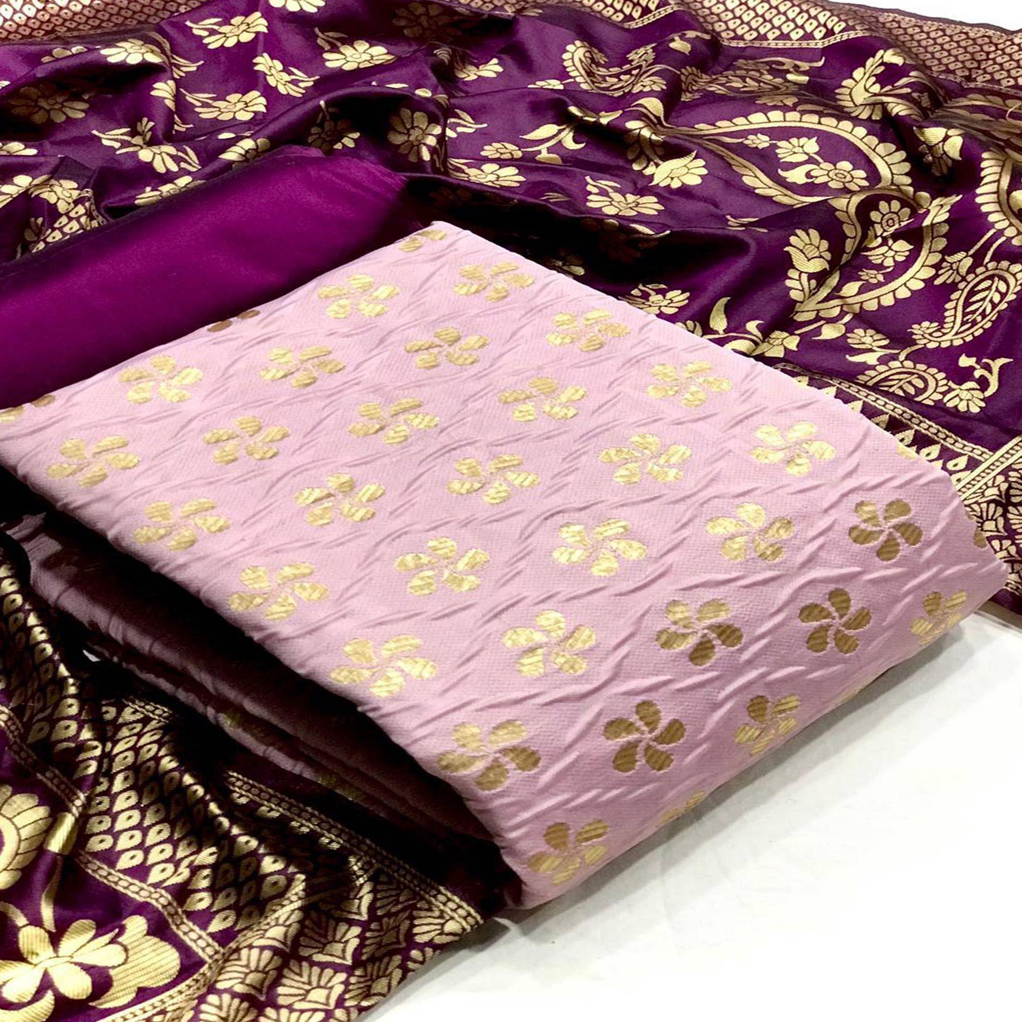 Lavender Festive Wear Woven Banarasi Silk Dress Material - Peachmode