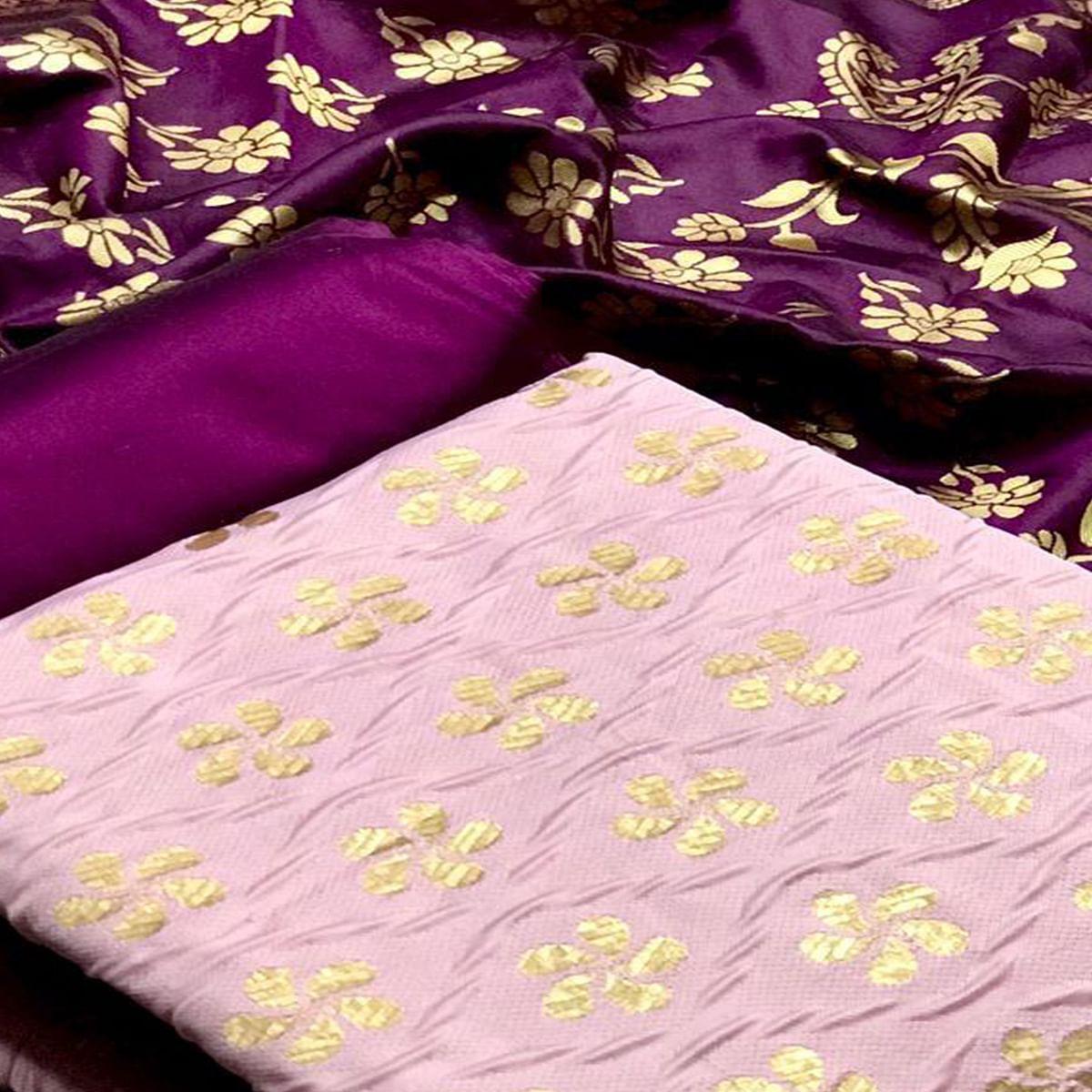 Lavender Festive Wear Woven Banarasi Silk Dress Material - Peachmode