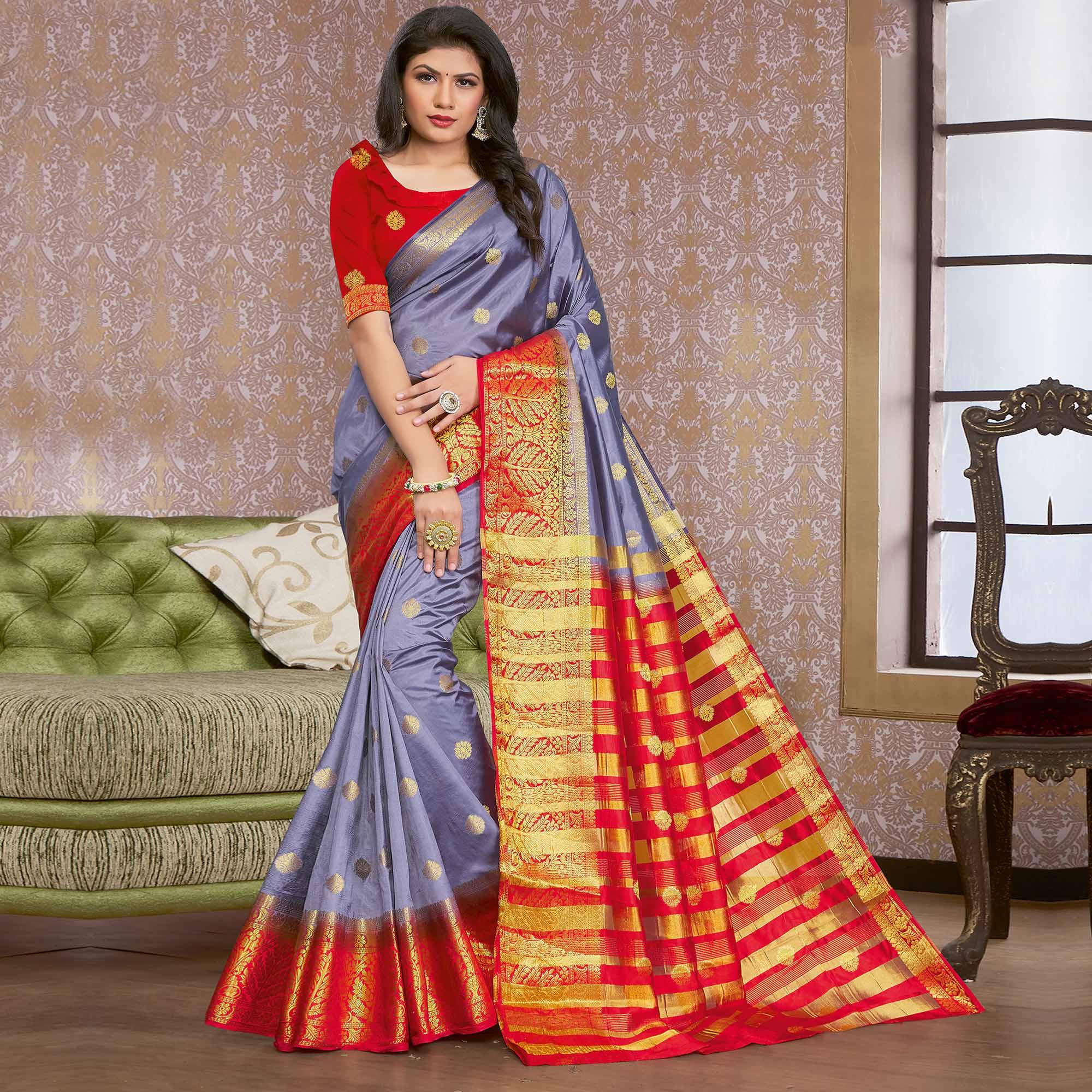 Lavender Festive Wear Woven Silk Saree - Peachmode