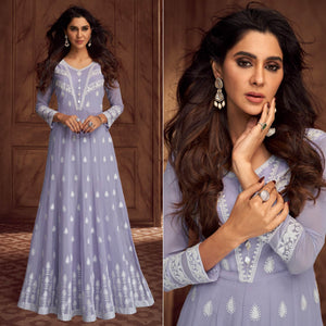 Lavender Floral Embroidered Georgette Gown - Peachmode