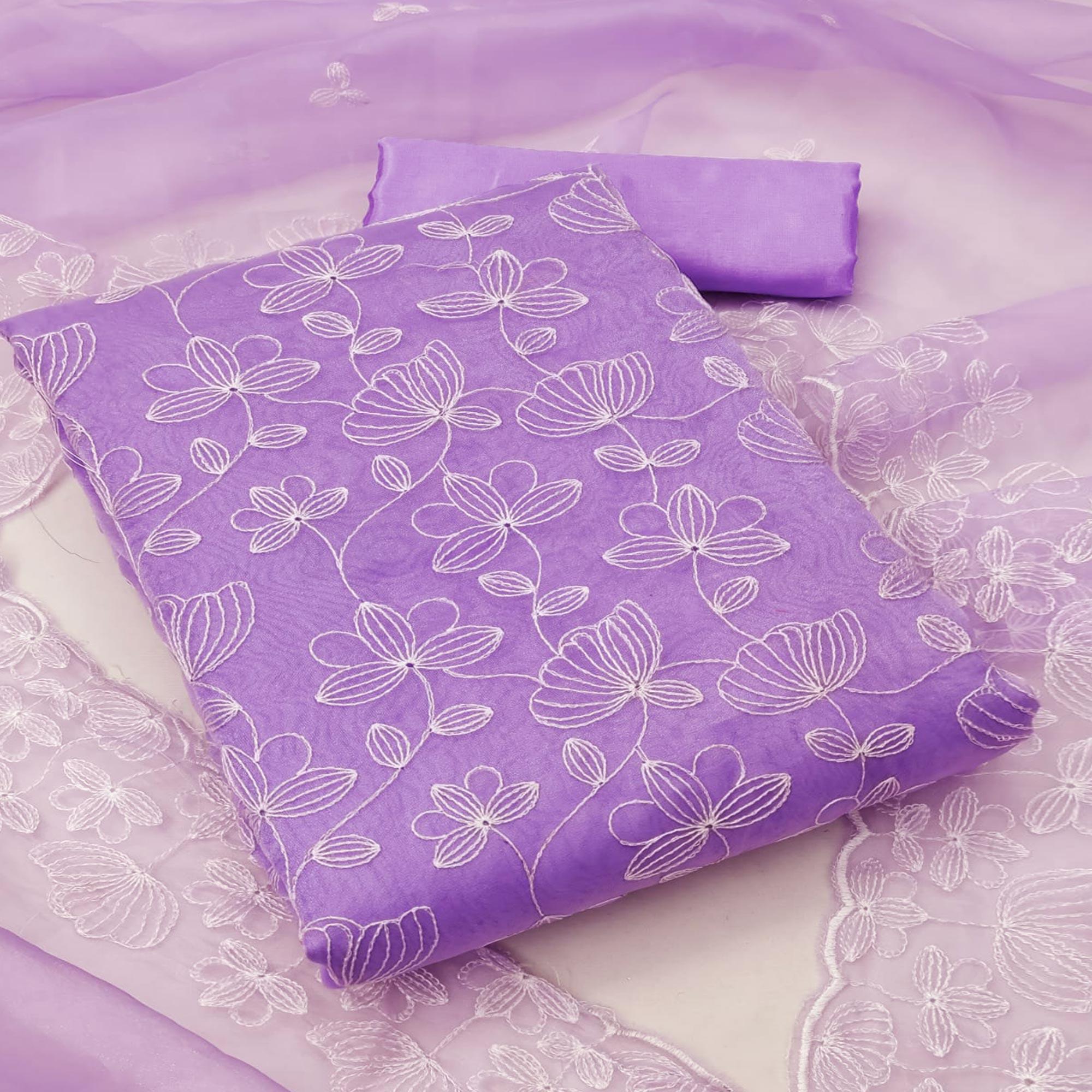 Lavender Floral Embroidered Organza Dress Material - Peachmode