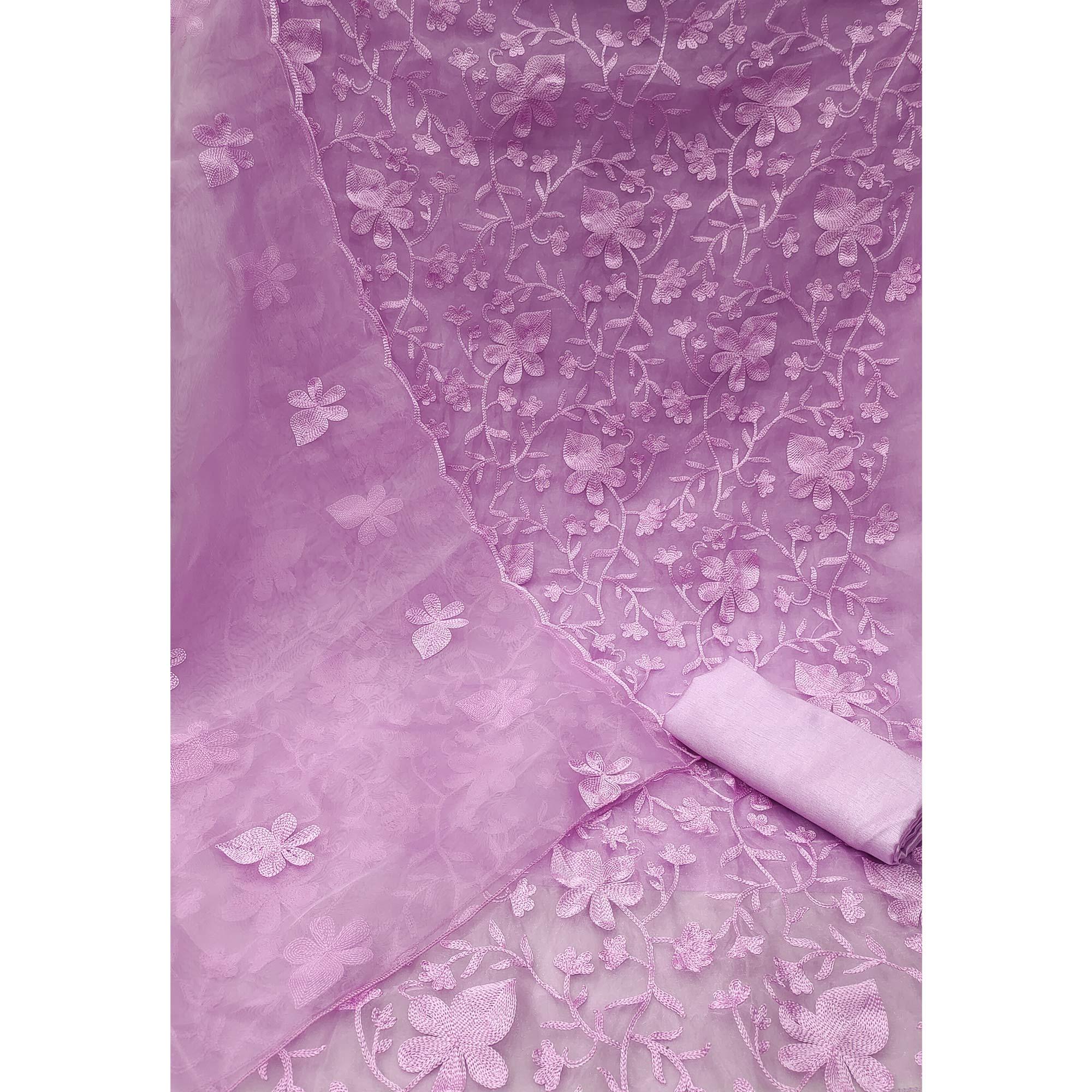 Lavender Floral Embroidered Organza Dress Material - Peachmode