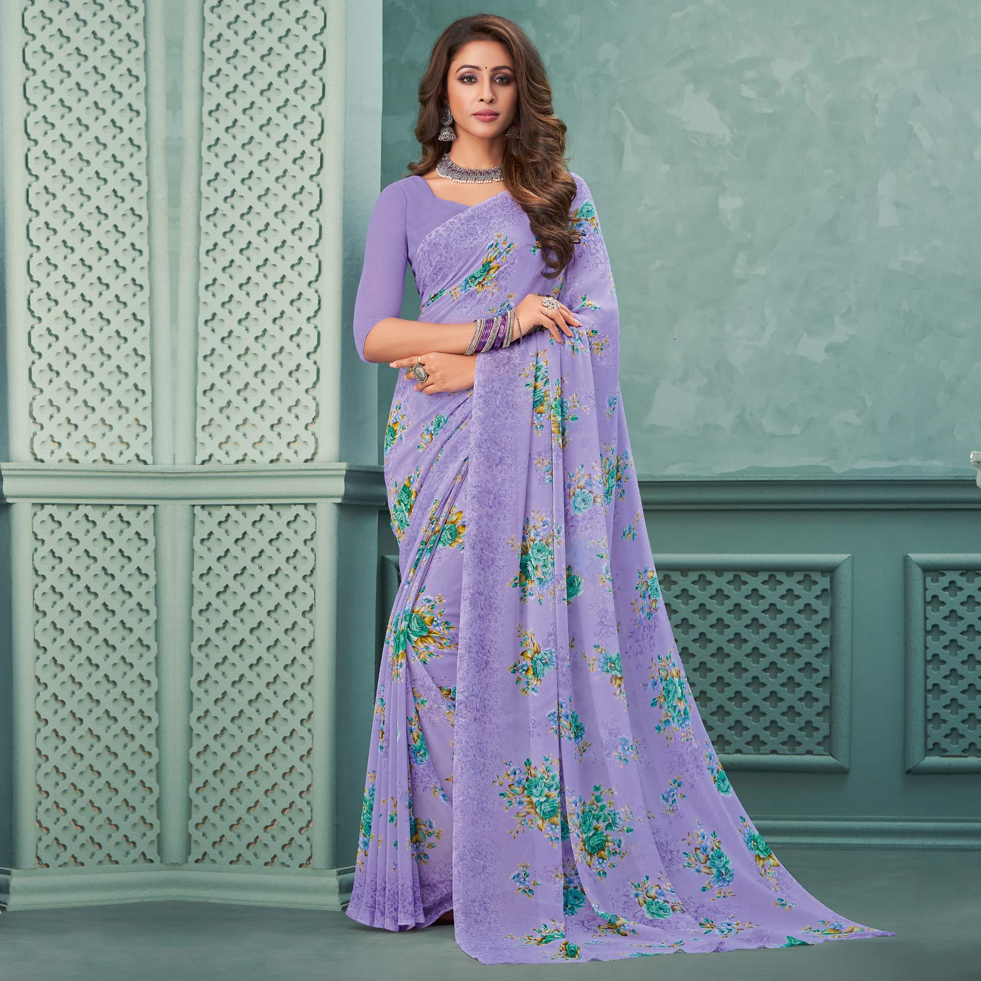 Lavender Floral Printed Georgette Saree - Peachmode