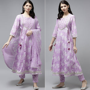 Lavender Floral Printed Pure Cotton Anarkali Suit - Peachmode