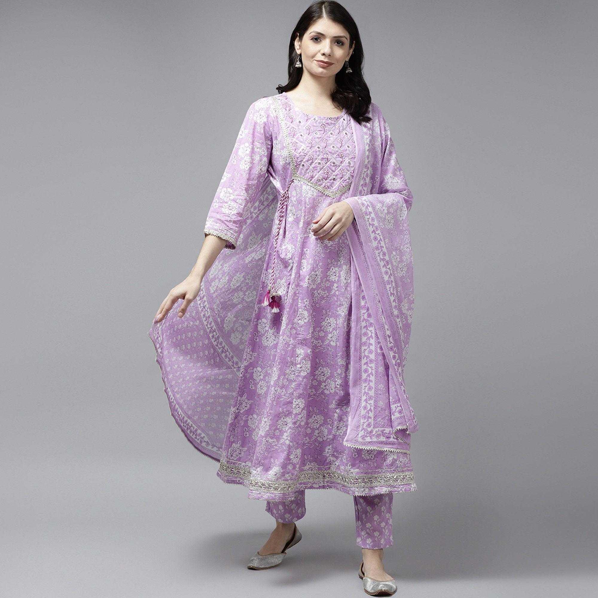 Lavender Printed Cotton Anarkali Suit Set With Dupatta