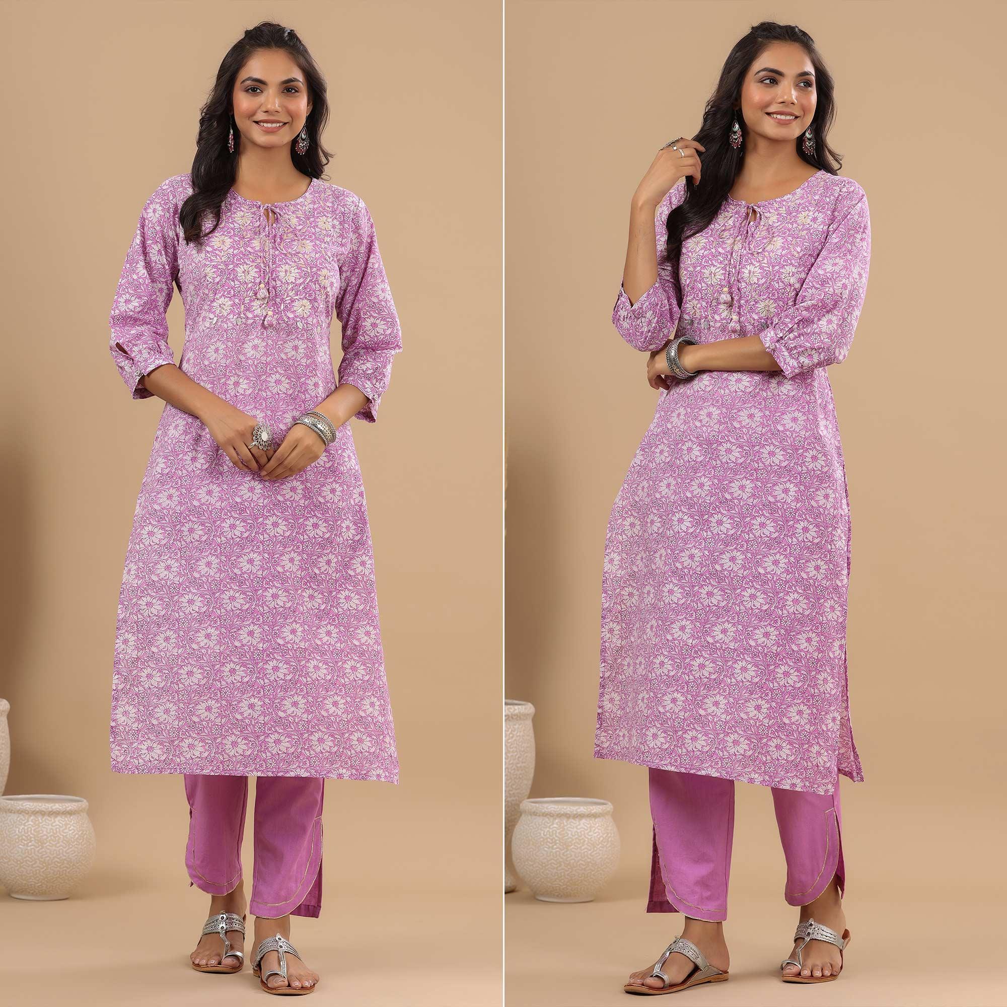 Lavender Floral Printed With Embroidered Pure Cotton Kurti Pant Set - Peachmode